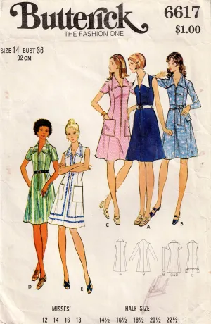 Butterick 6617 Womens Zip Front Shirtdress 1970s Vintage Sewing Pattern Bust 36 or 37 inches