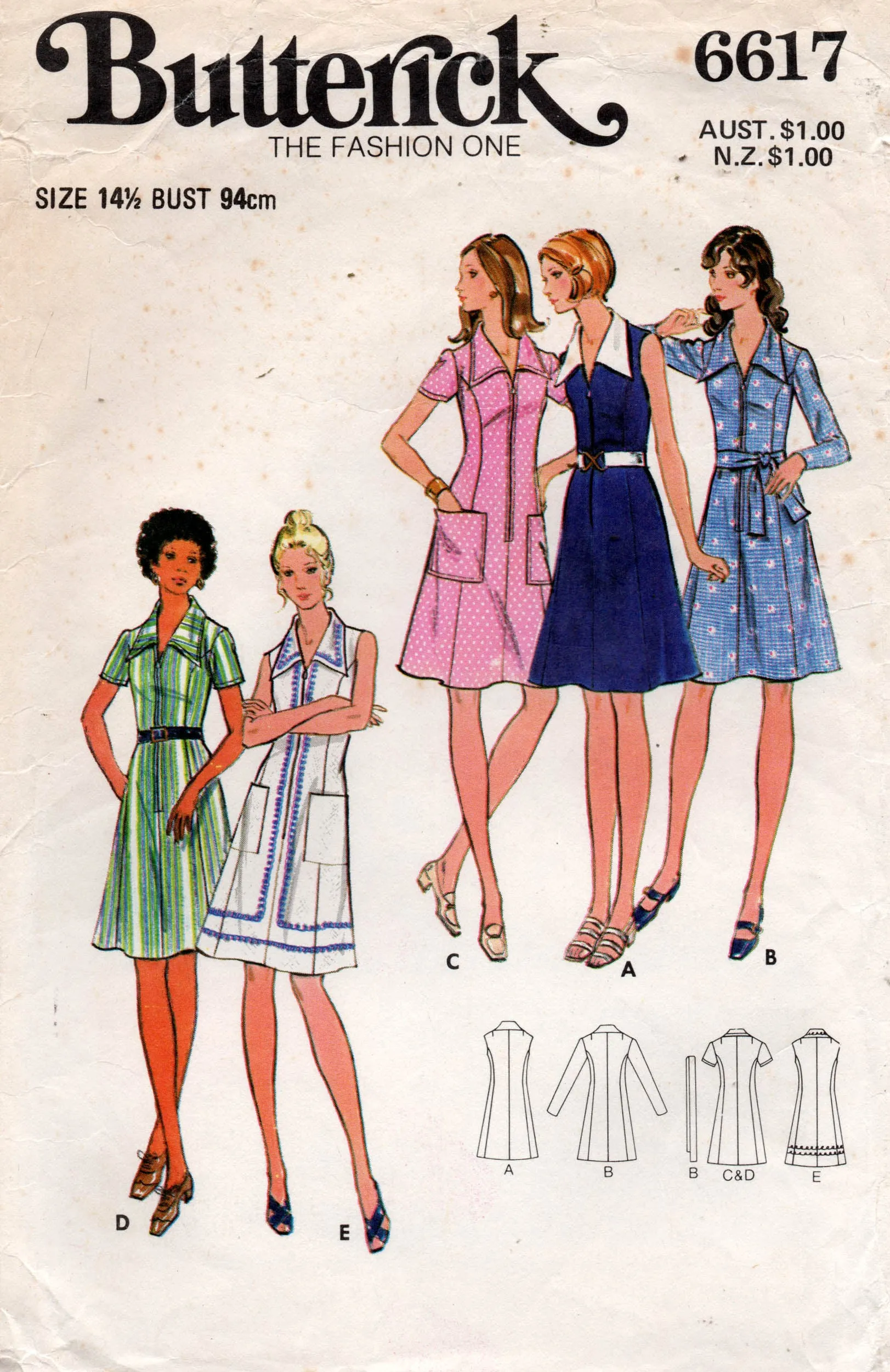 Butterick 6617 Womens Zip Front Shirtdress 1970s Vintage Sewing Pattern Bust 36 or 37 inches