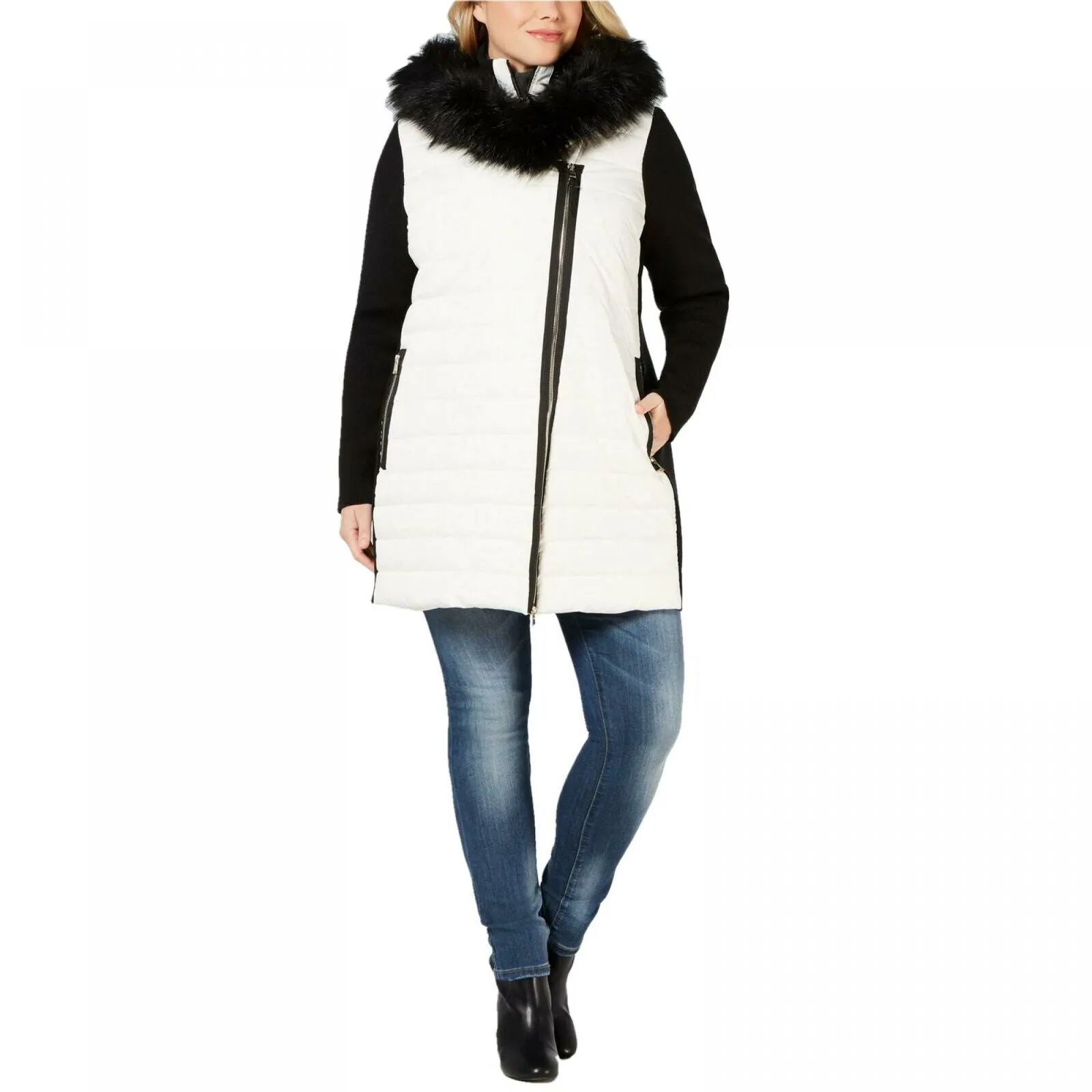 Calvin Klein Women's Plus Size Faux Fur Trimmed Hooded Walker Jacket