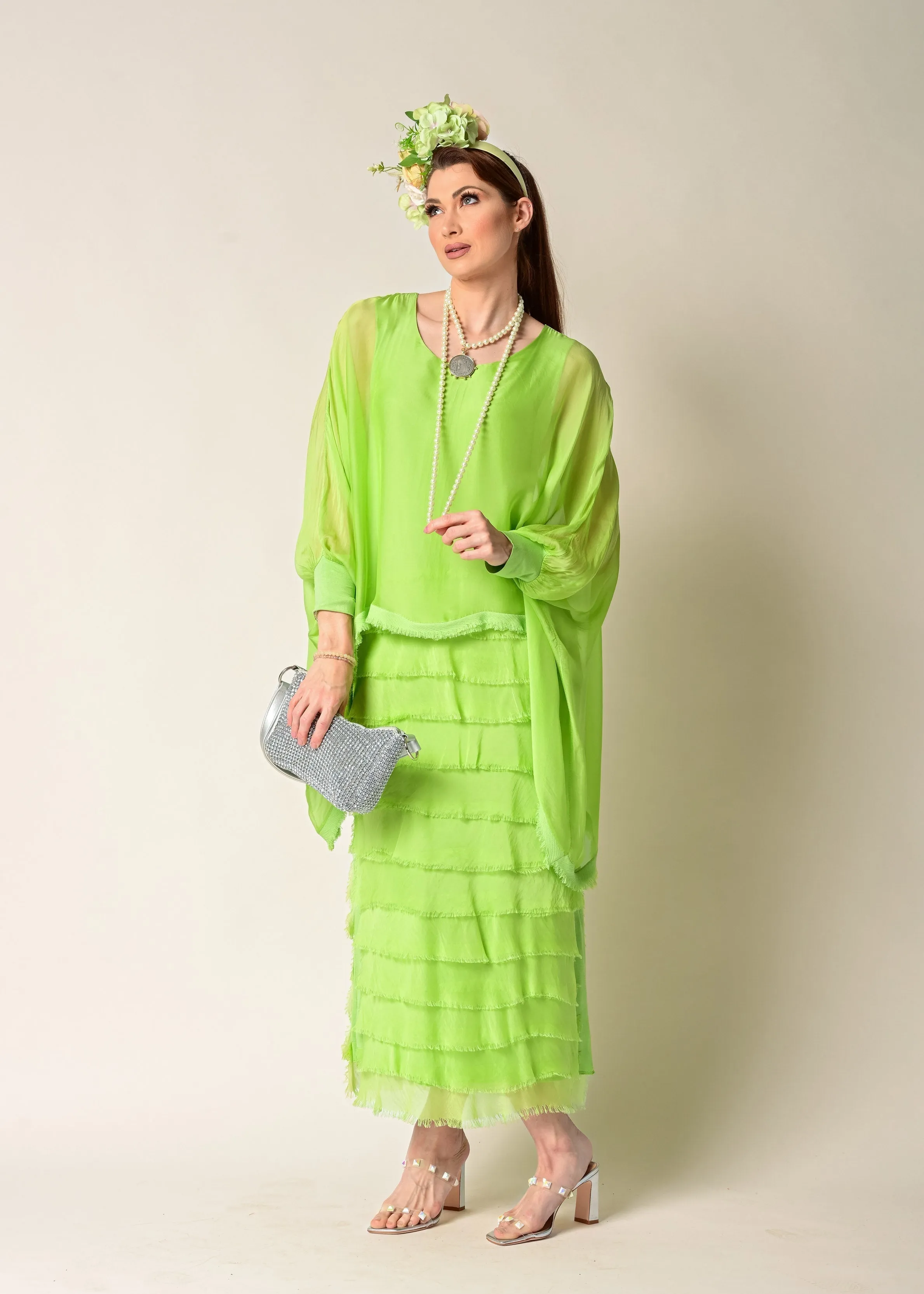 Candie Silk Dress in Lime Splice