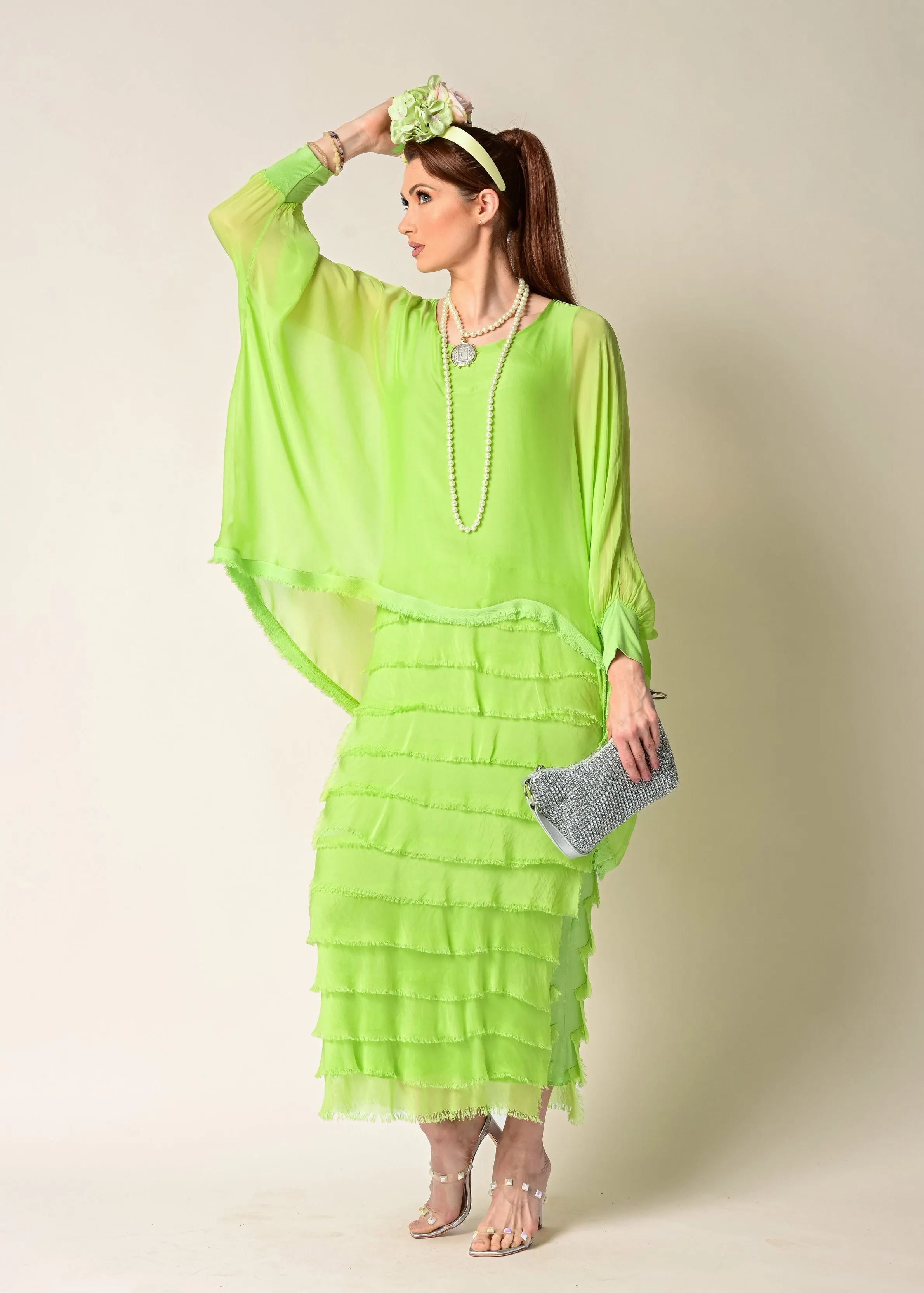 Candie Silk Dress in Lime Splice
