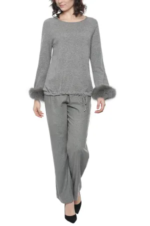 Cashmere Drawstring Jewel Neck with Fur Cuffs Pullover