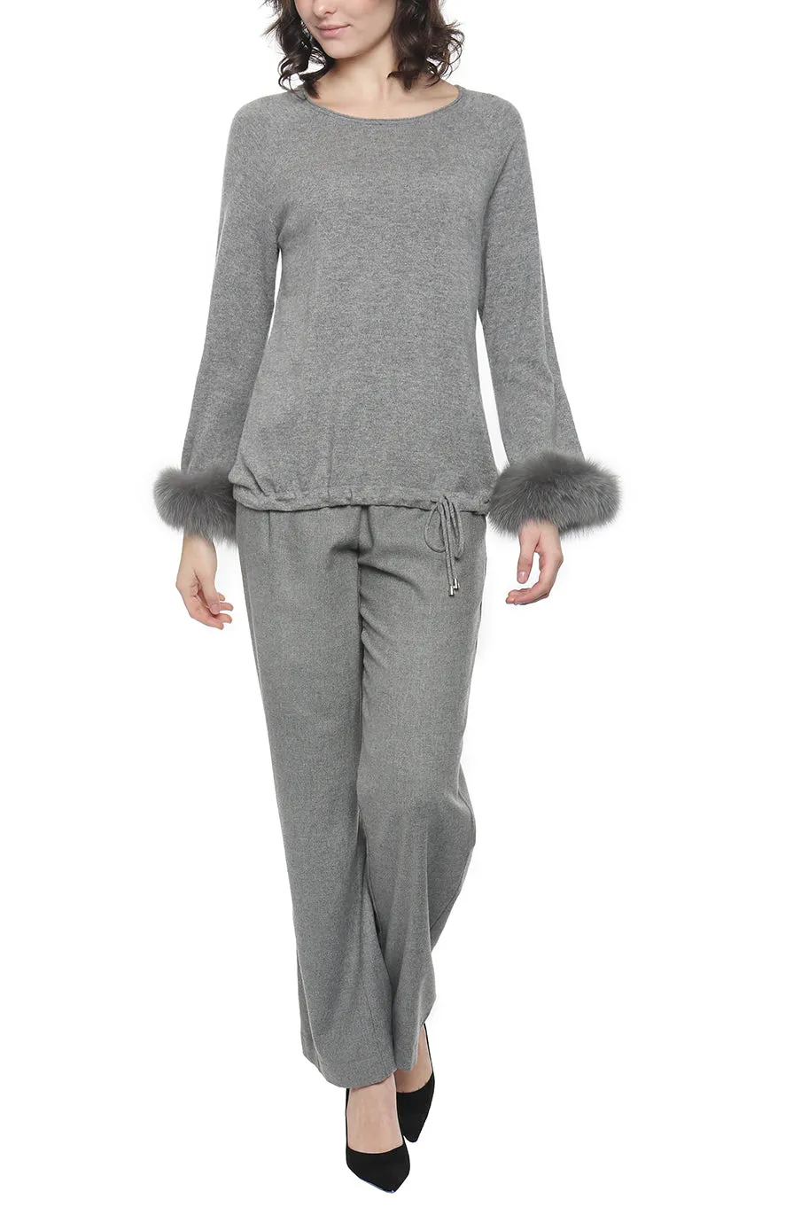 Cashmere Drawstring Jewel Neck with Fur Cuffs Pullover