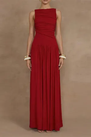 Casual Solid Color Ruched O Neck Long Dresses