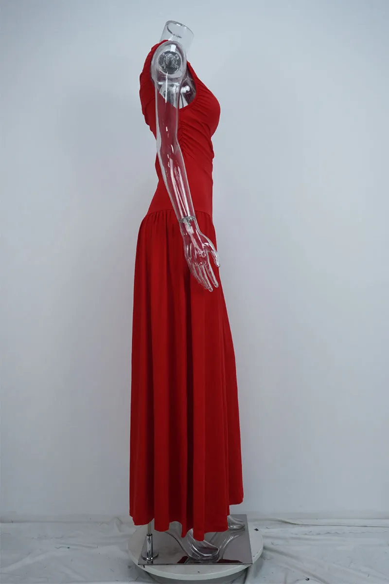 Casual Solid Color Ruched O Neck Long Dresses