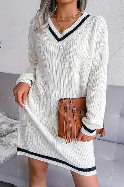 Casual Striped Split Joint  Contrast V Neck A Line Dresses Sweater (Without Belt)