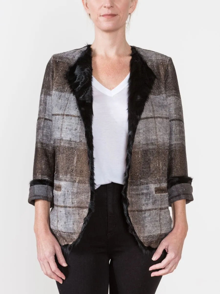 check jacket with fur and studs