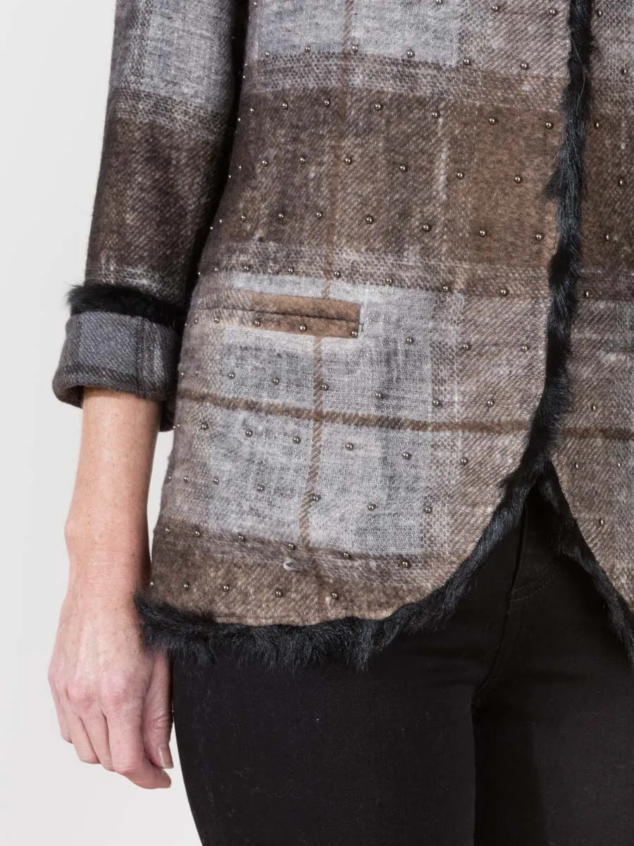 check jacket with fur and studs