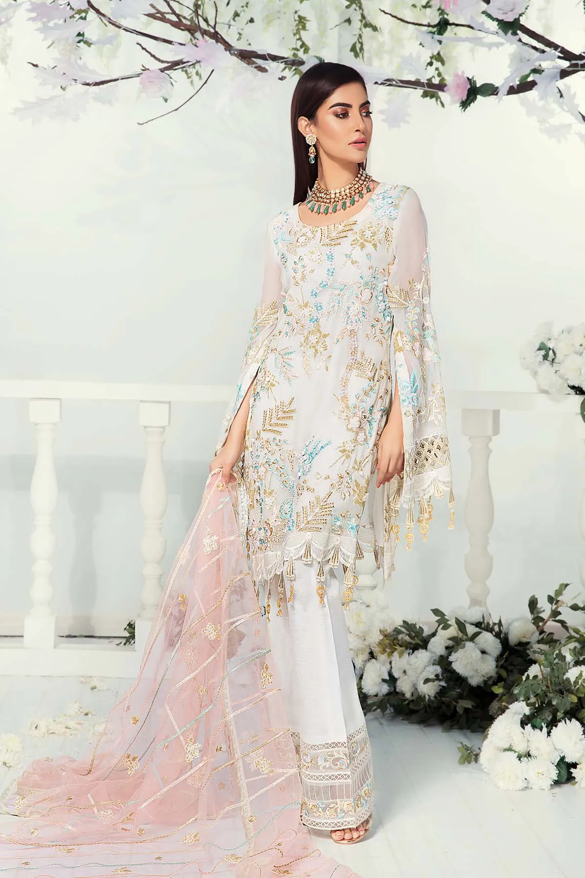 Chiffon Dress with Embroidery in White Color #J6114
