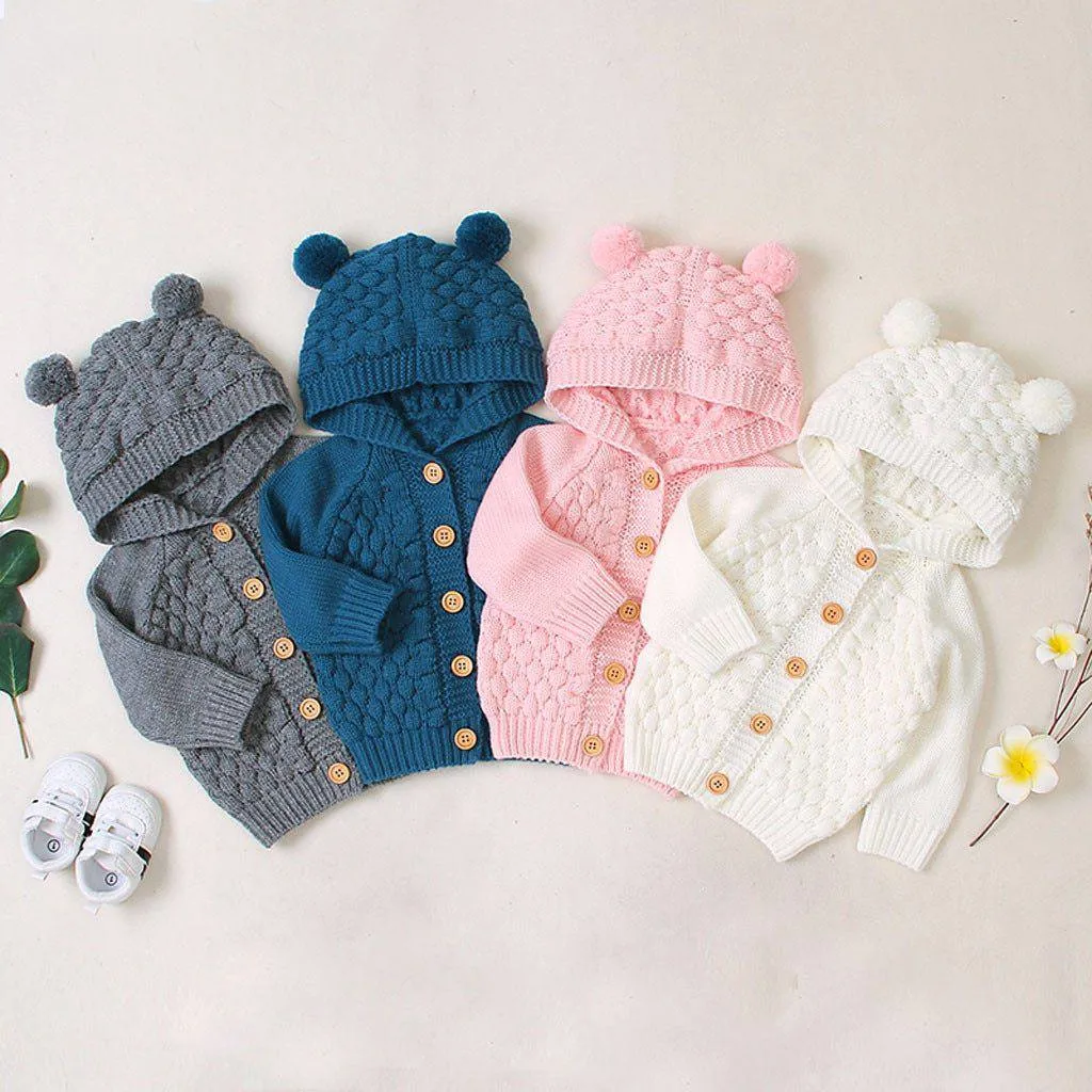 Children's Sweater Fur Ball Hooded Knitted Jacket - Blue