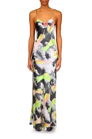 Cloud And Fairy Printed Silk Satin Bias Slip Dress