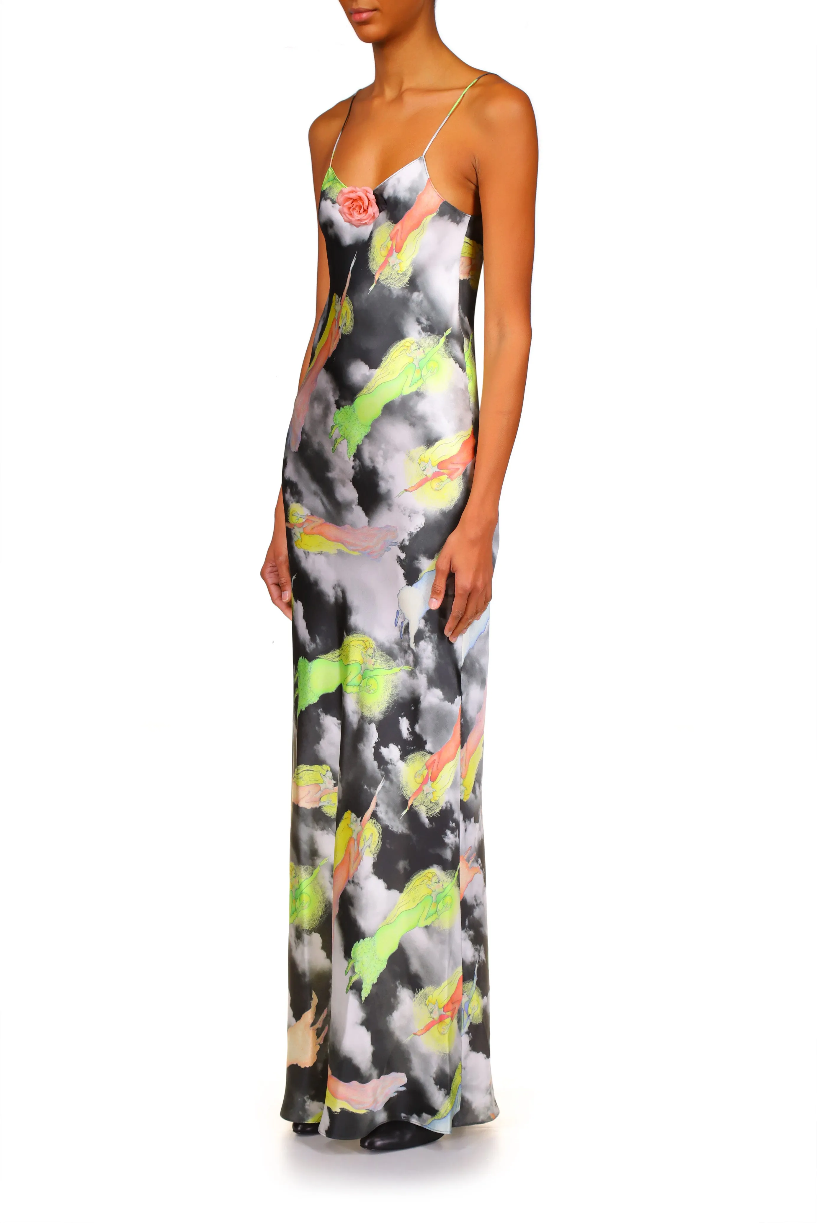 Cloud And Fairy Printed Silk Satin Bias Slip Dress