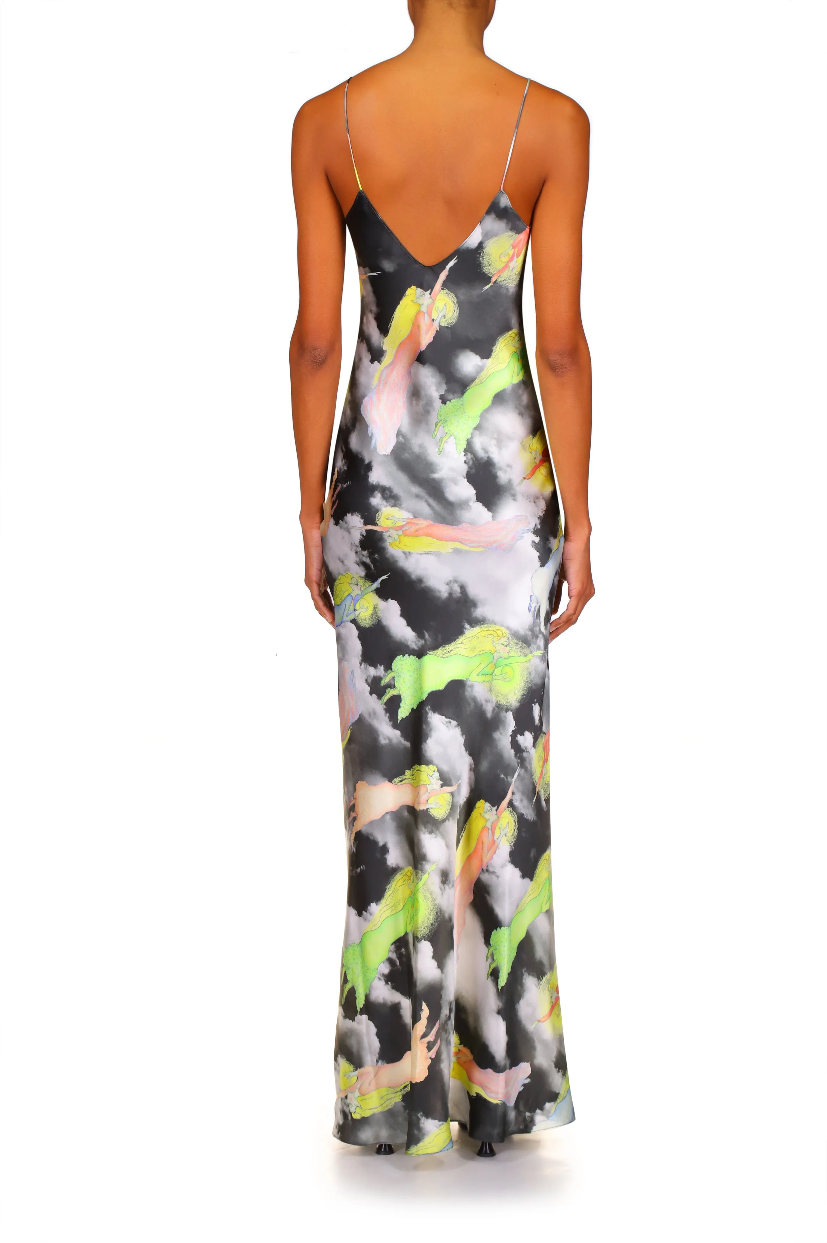 Cloud And Fairy Printed Silk Satin Bias Slip Dress