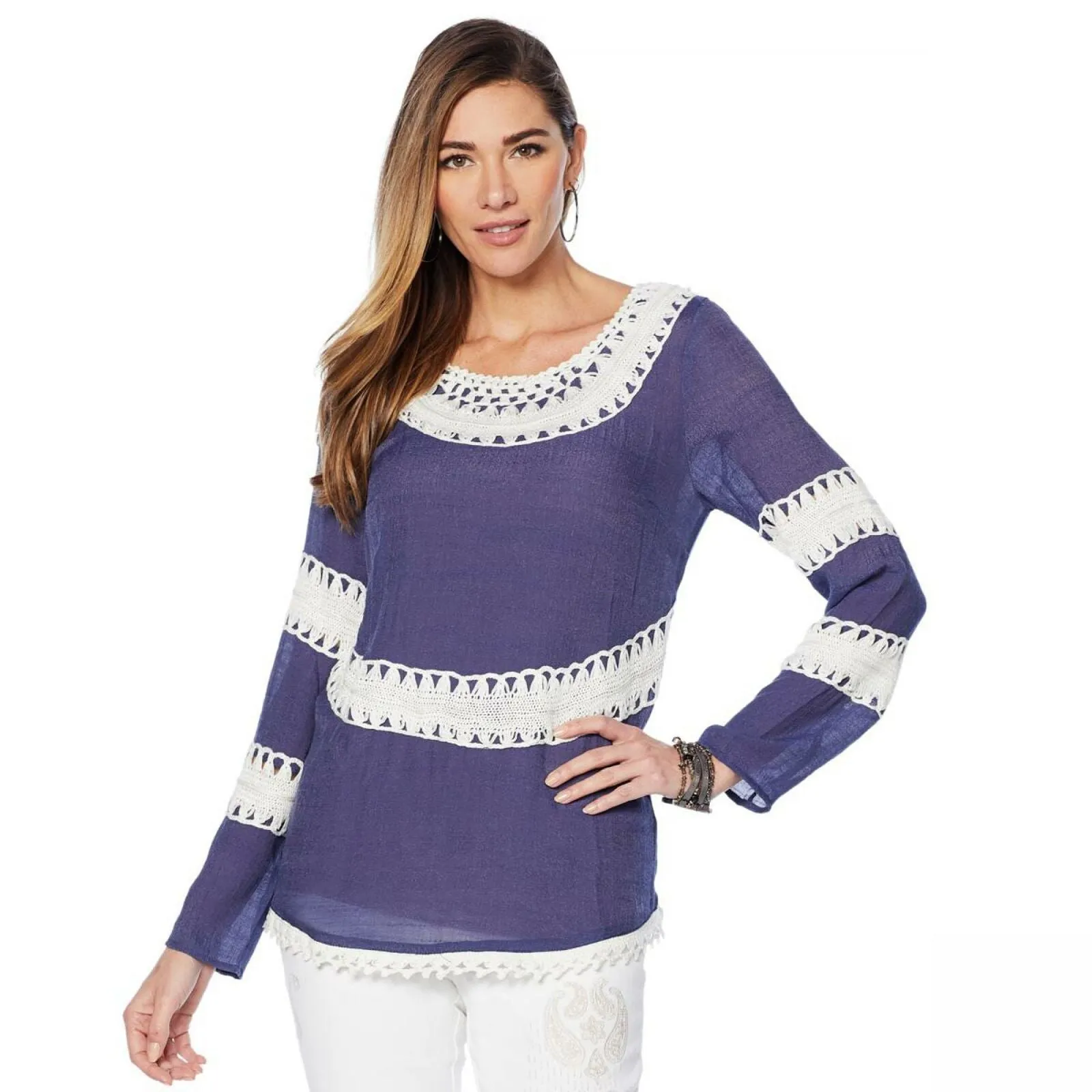 Curations Women's Crochet Trimmed Woven Top