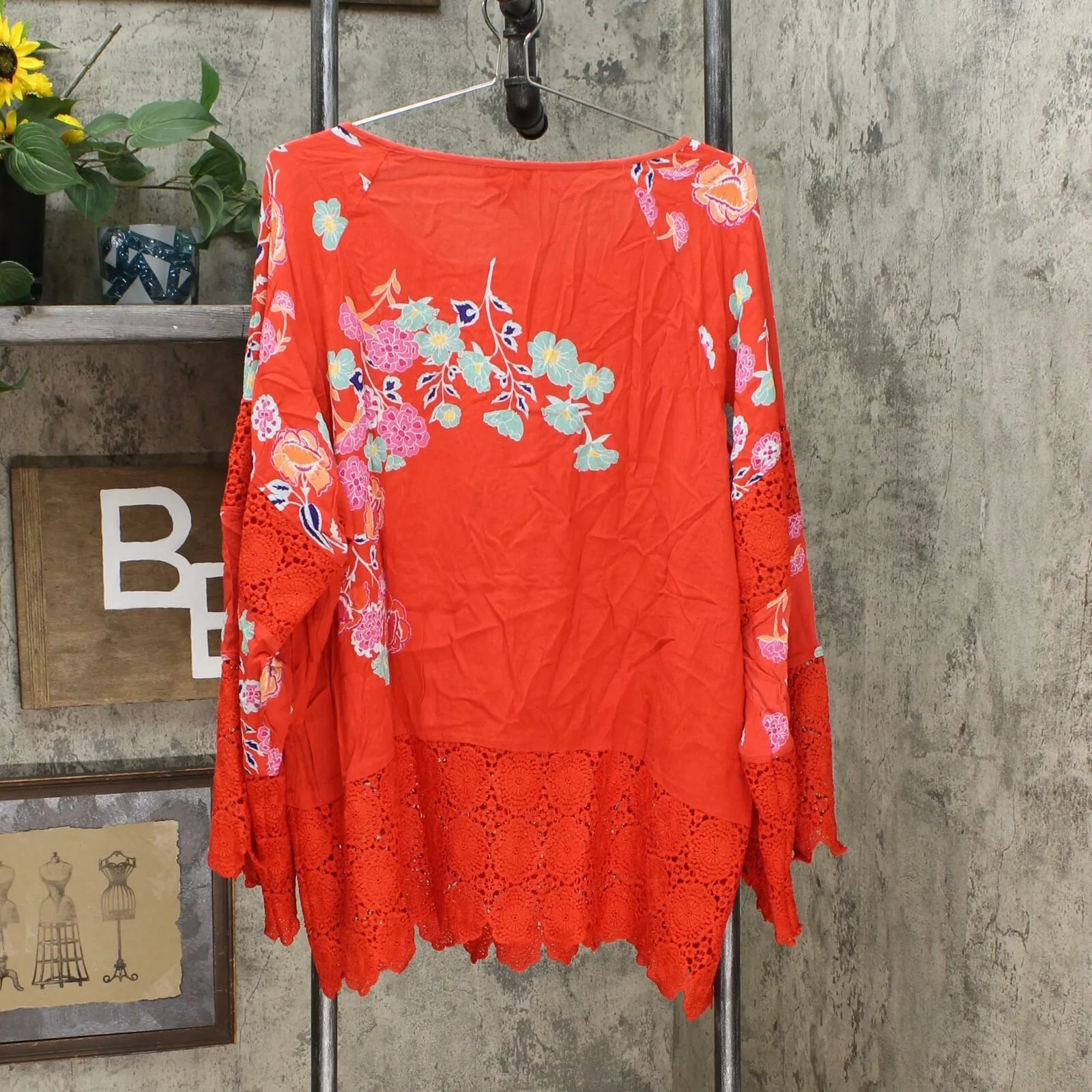 Curations Women's Plus Size Printed Gauze Lace Trimmed Blouse