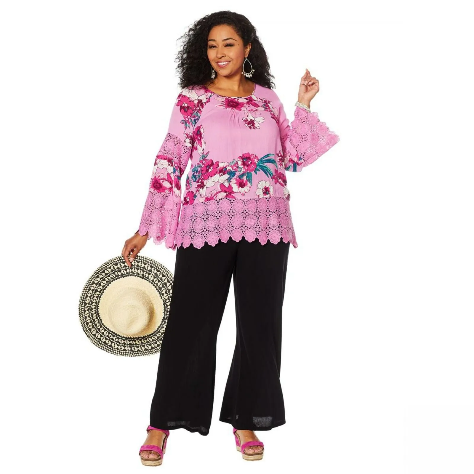Curations Women's Plus Size Printed Gauze Lace Trimmed Blouse
