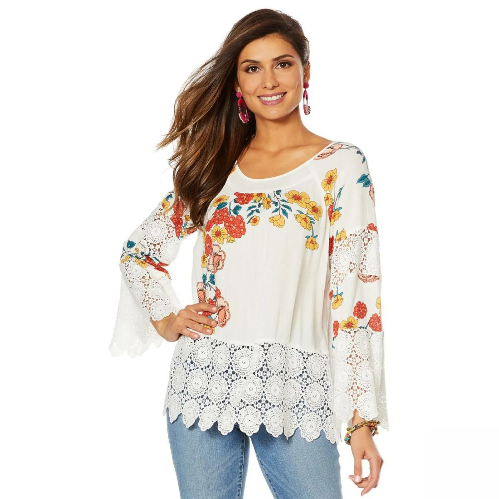 Curations Women's Plus Size Printed Gauze Lace Trimmed Blouse