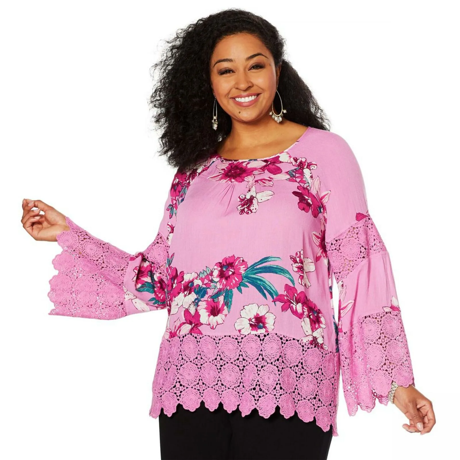 Curations Women's Plus Size Printed Gauze Lace Trimmed Blouse