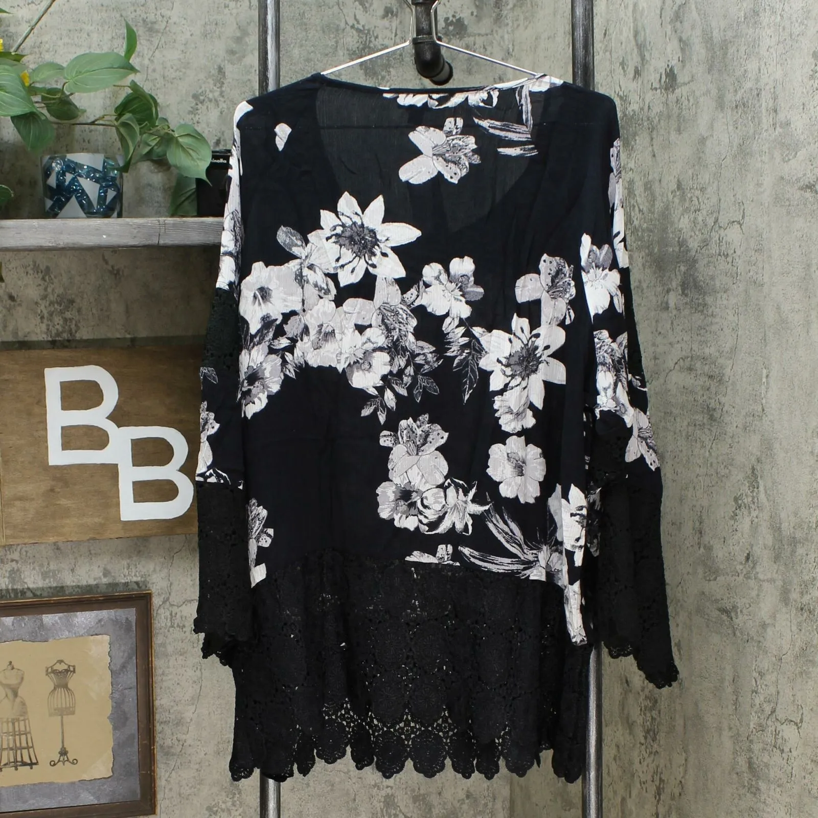 Curations Women's Plus Size Printed Gauze Lace Trimmed Blouse