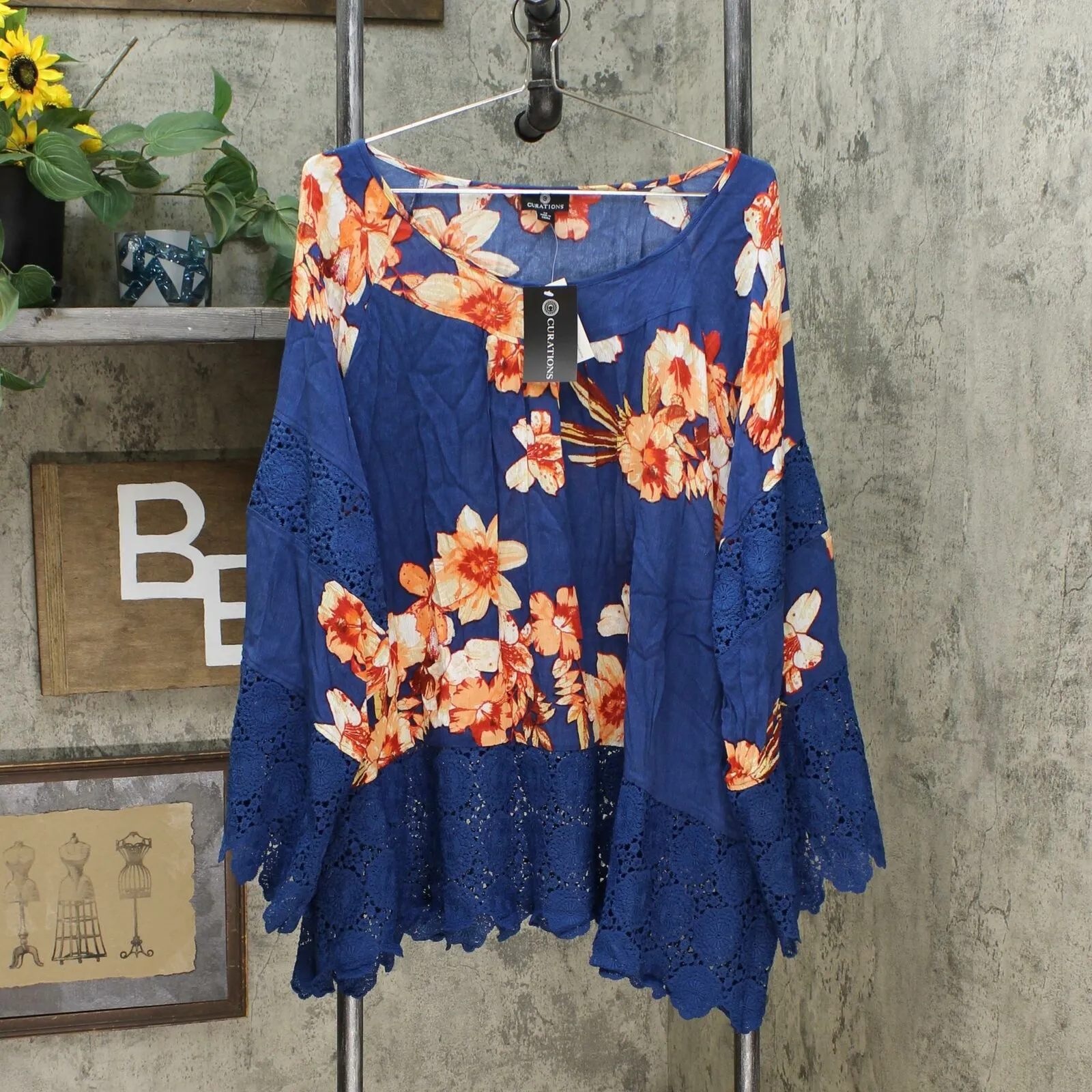 Curations Women's Plus Size Printed Gauze Lace Trimmed Blouse