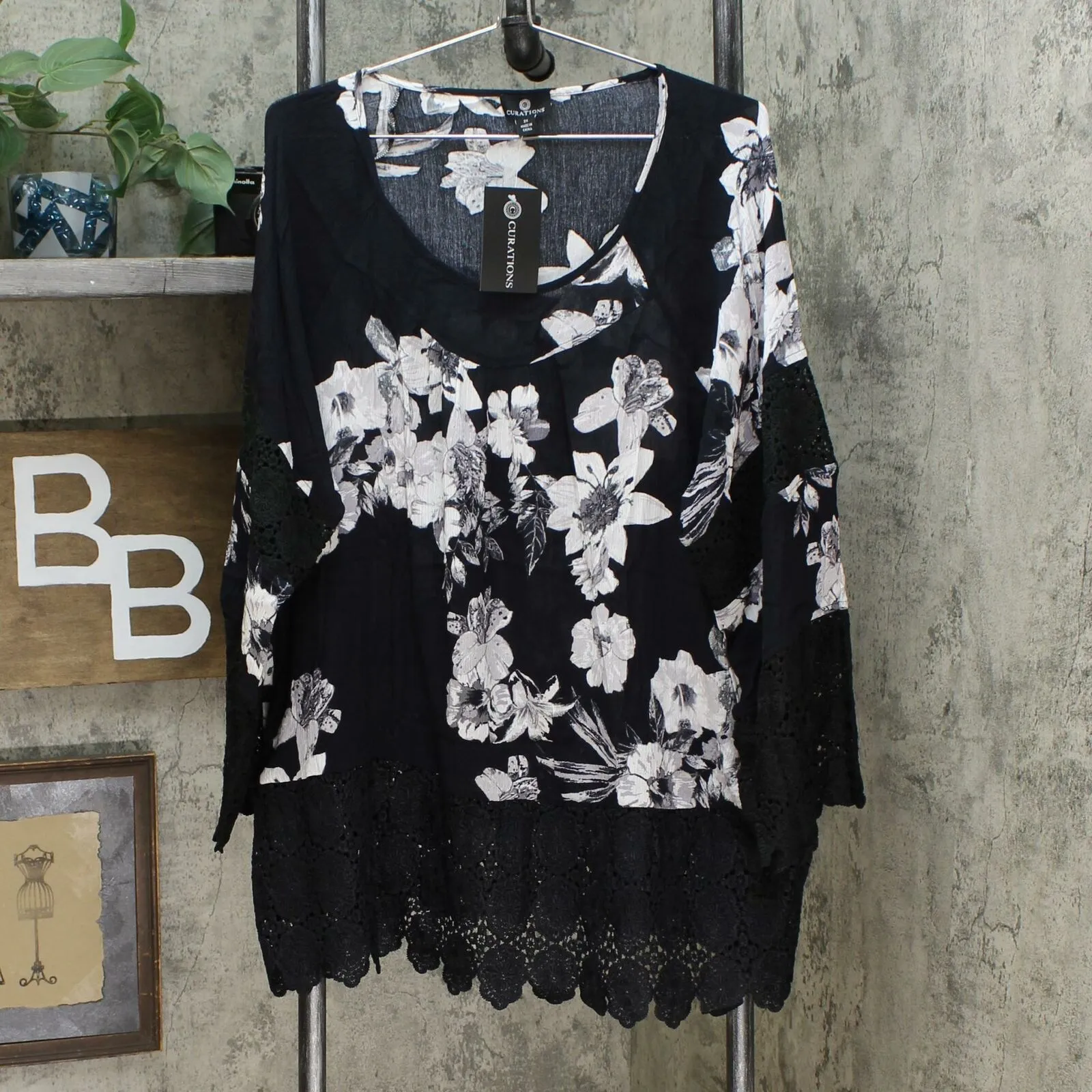 Curations Women's Plus Size Printed Gauze Lace Trimmed Blouse