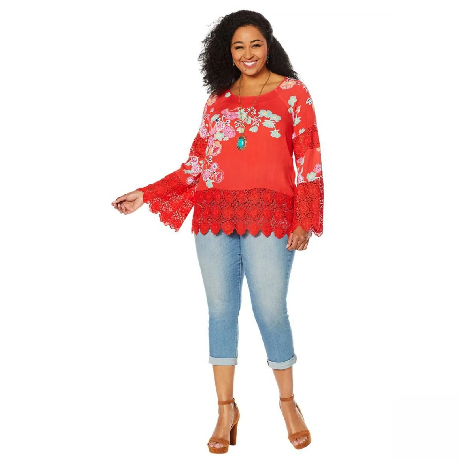 Curations Women's Plus Size Printed Gauze Lace Trimmed Blouse