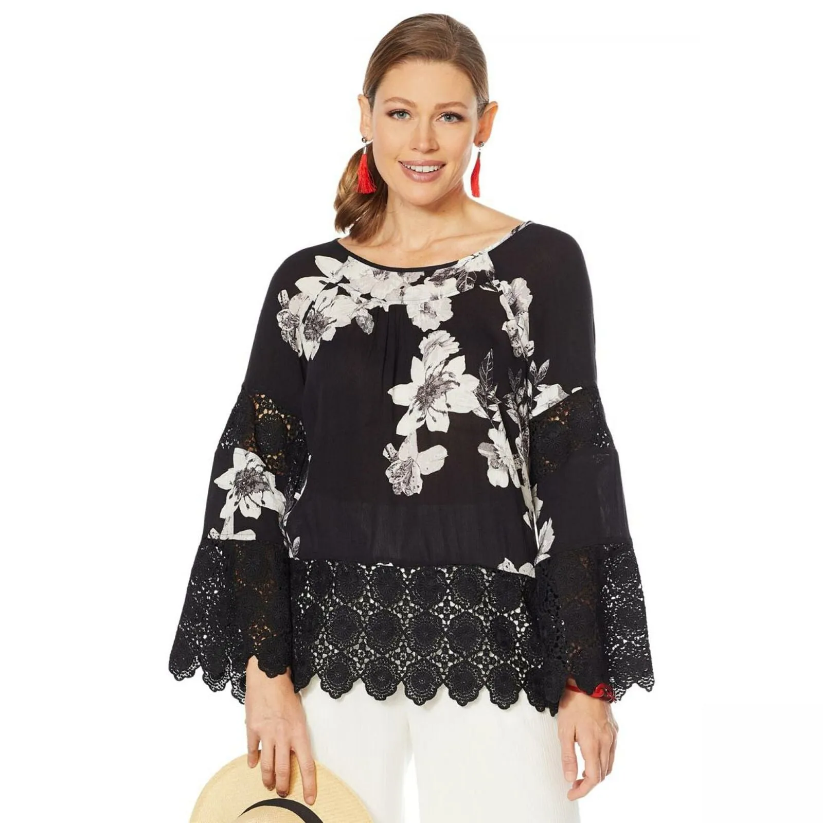 Curations Women's Plus Size Printed Gauze Lace Trimmed Blouse
