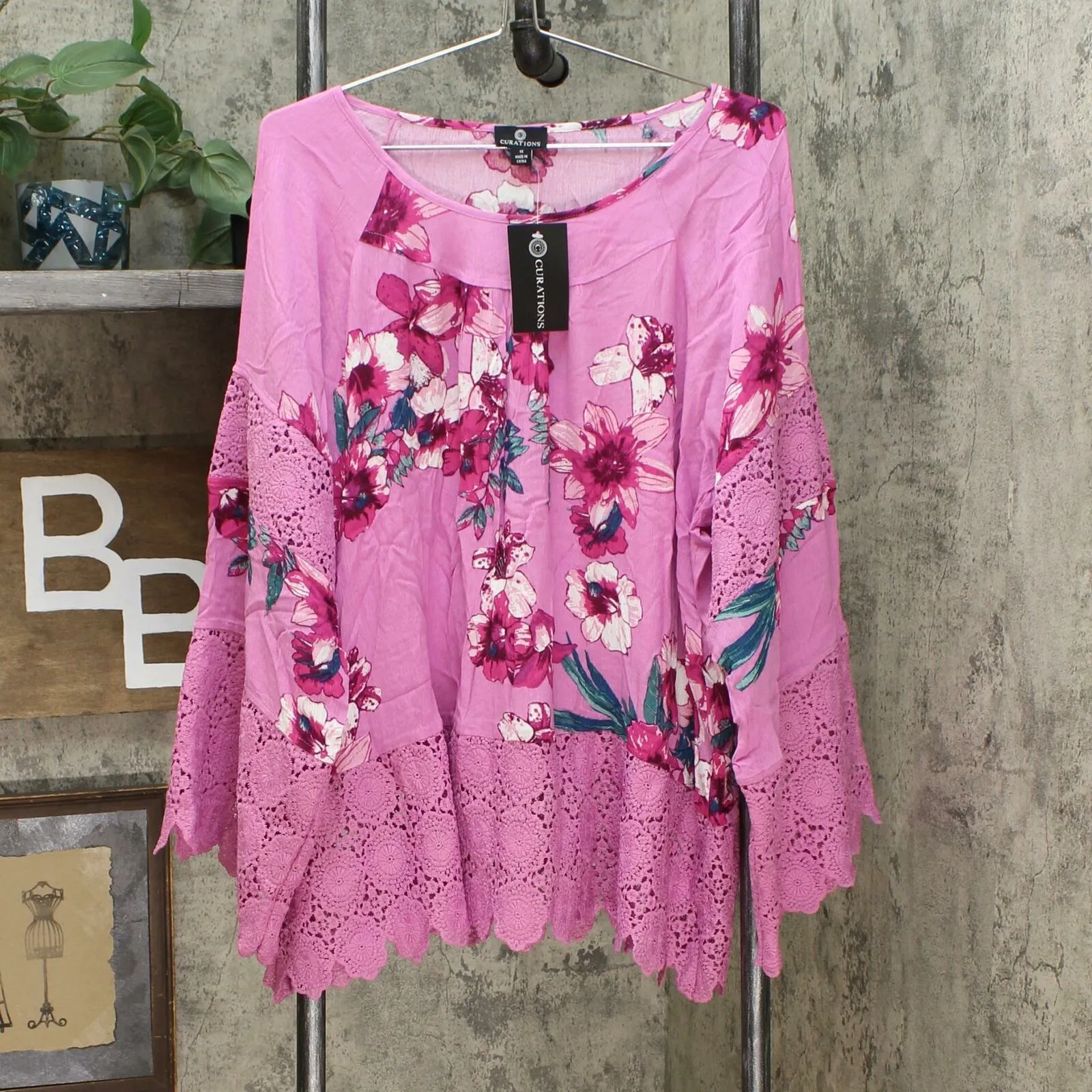 Curations Women's Plus Size Printed Gauze Lace Trimmed Blouse