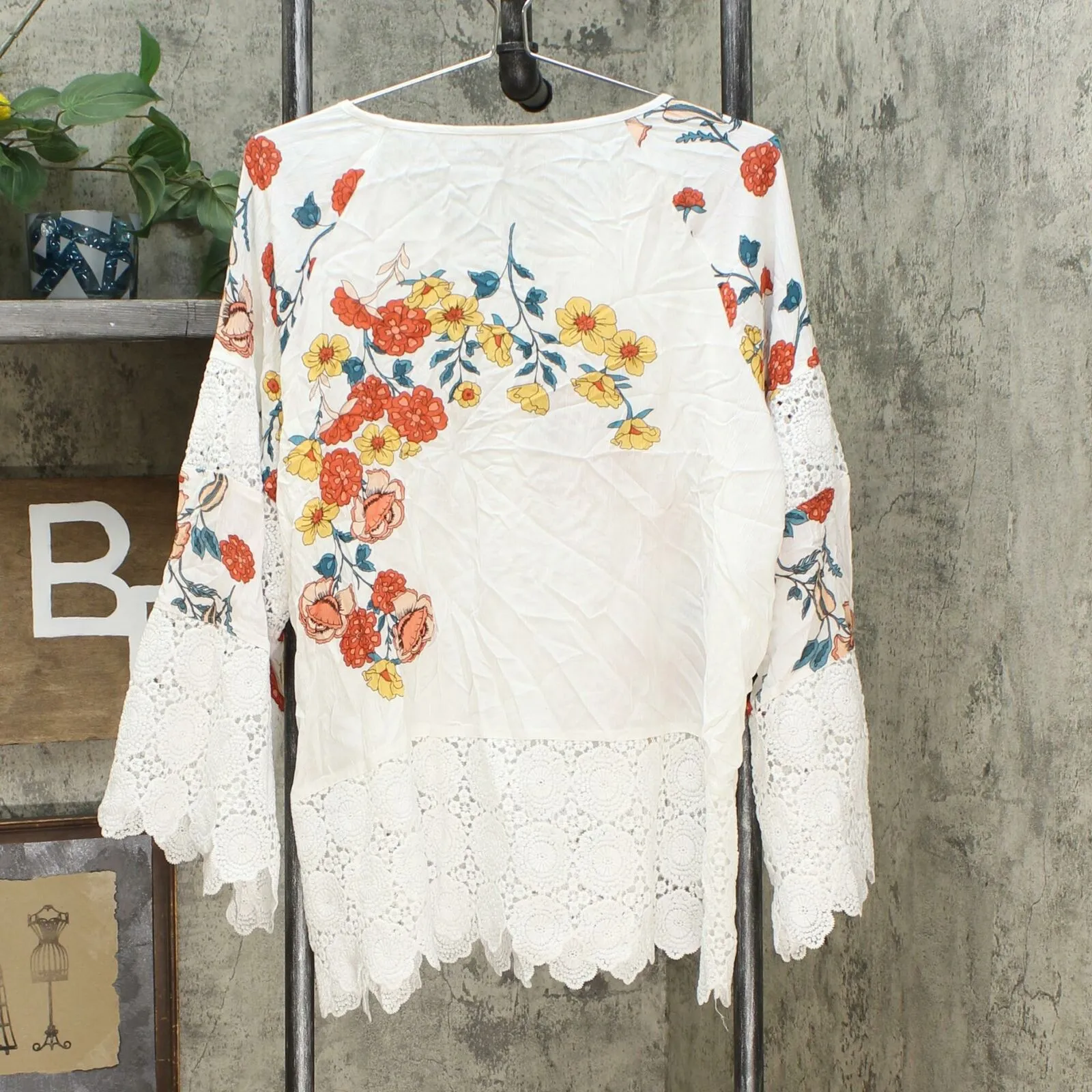 Curations Women's Plus Size Printed Gauze Lace Trimmed Blouse