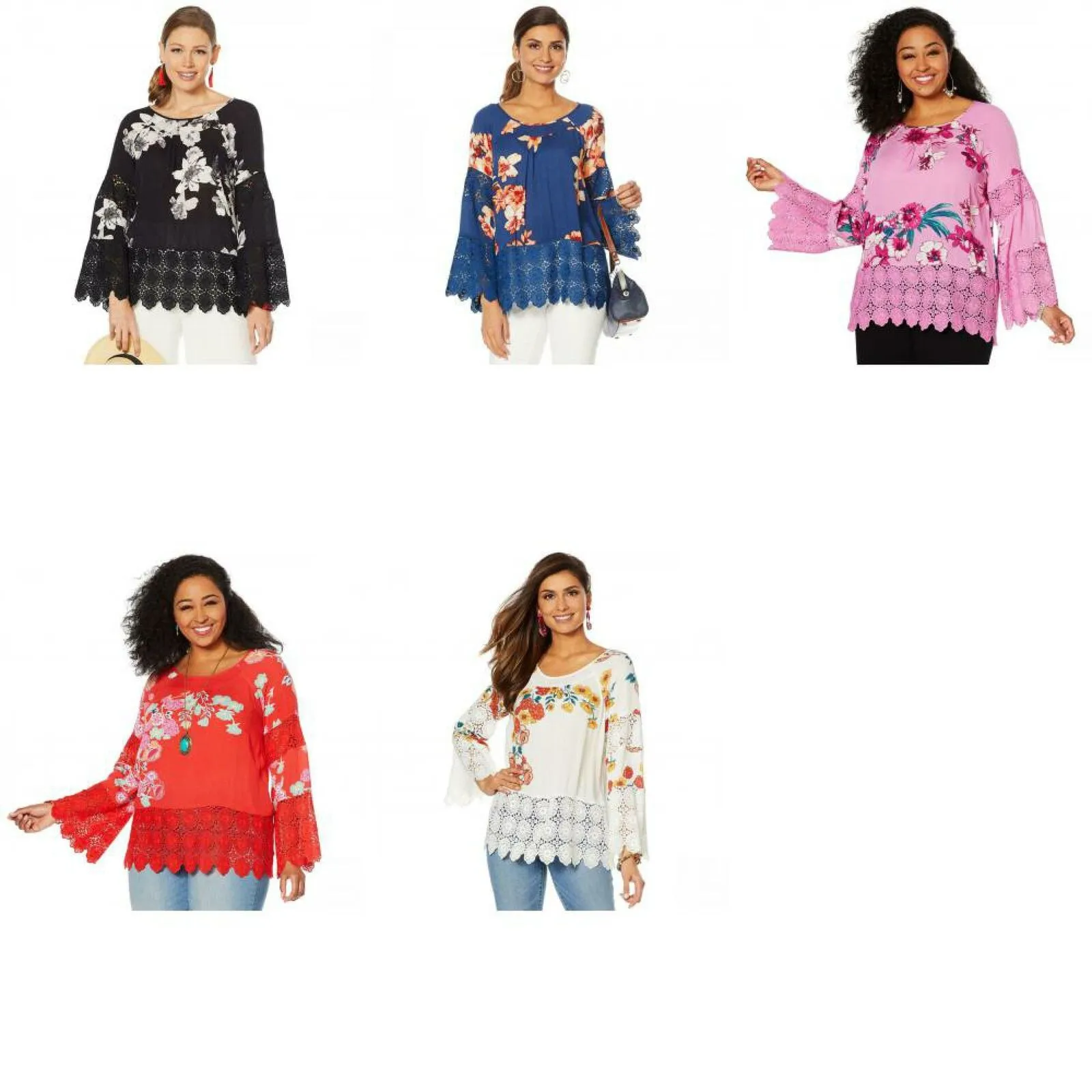 Curations Women's Plus Size Printed Gauze Lace Trimmed Blouse