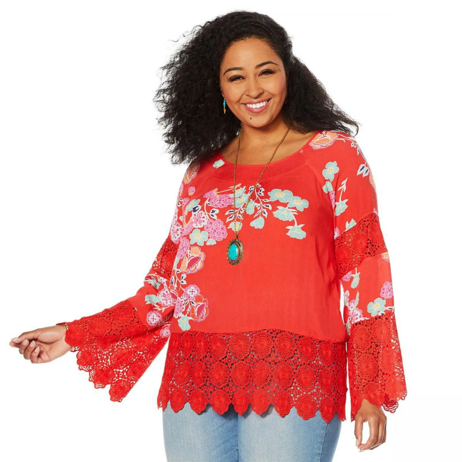 Curations Women's Plus Size Printed Gauze Lace Trimmed Blouse