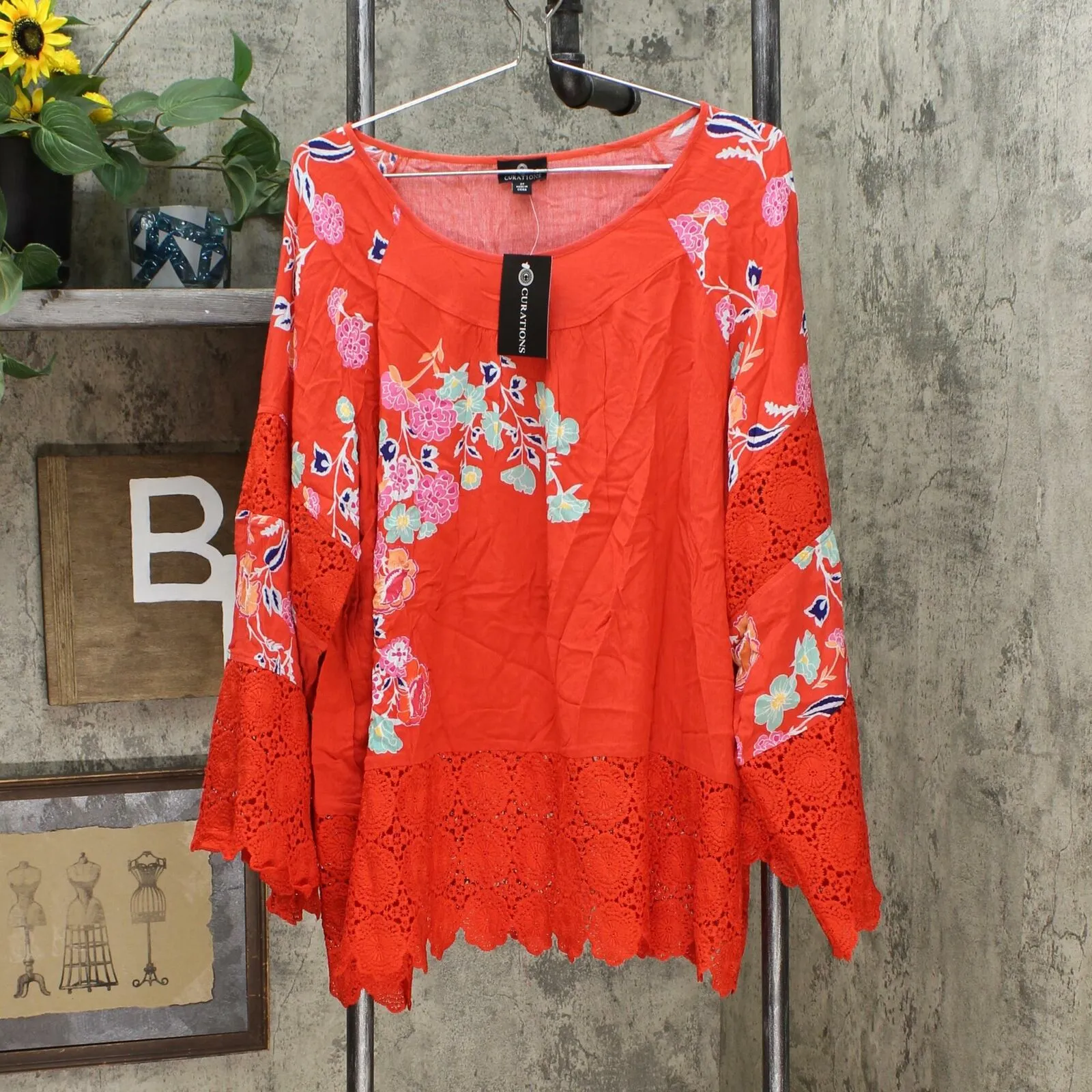 Curations Women's Plus Size Printed Gauze Lace Trimmed Blouse