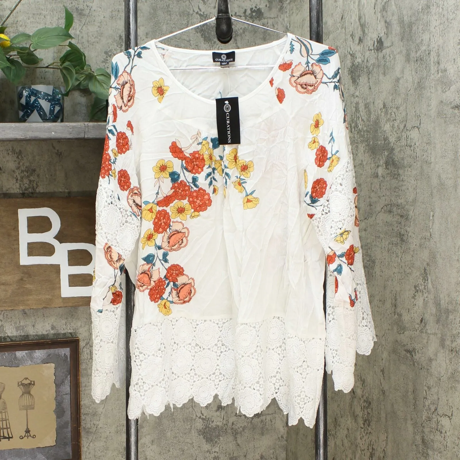 Curations Women's Plus Size Printed Gauze Lace Trimmed Blouse