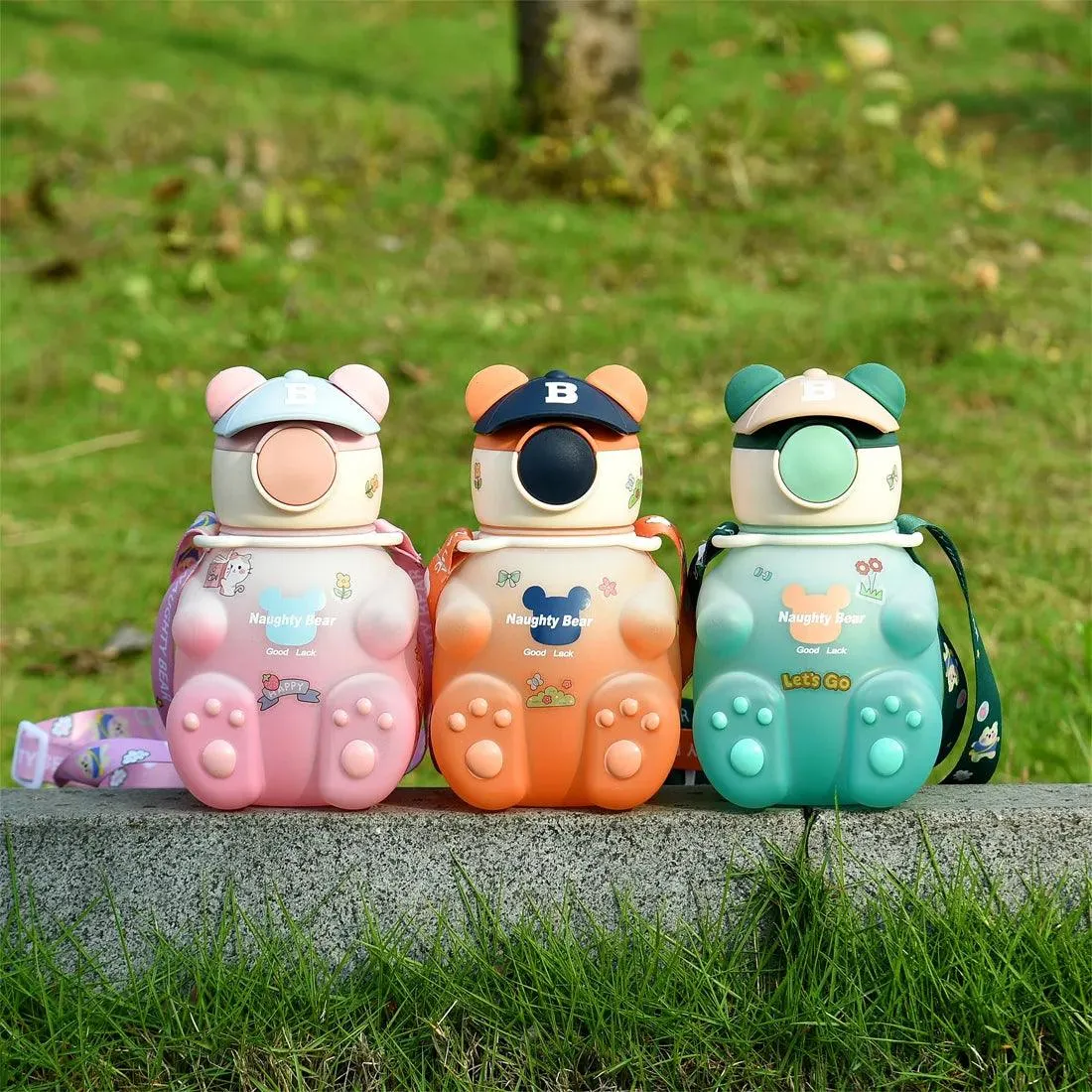 Cute Bear-Shaped Kids' Water Bottle with Straw and Strap - 750ml