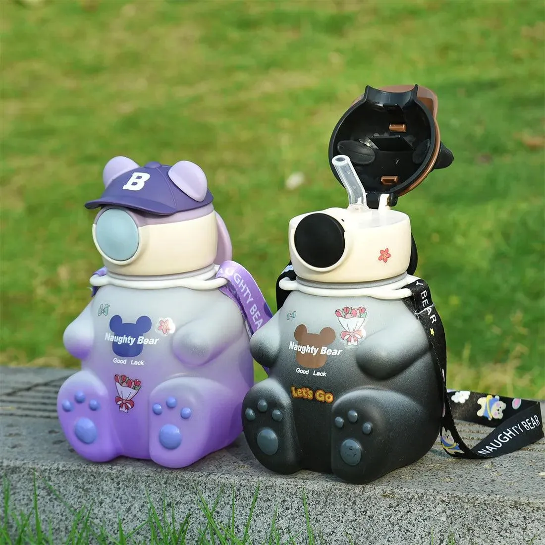 Cute Bear-Shaped Kids' Water Bottle with Straw and Strap - 750ml