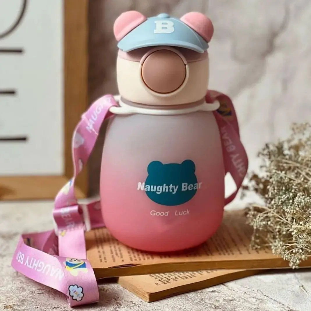 Cute Bear-Shaped Kids' Water Bottle with Straw and Strap - 750ml