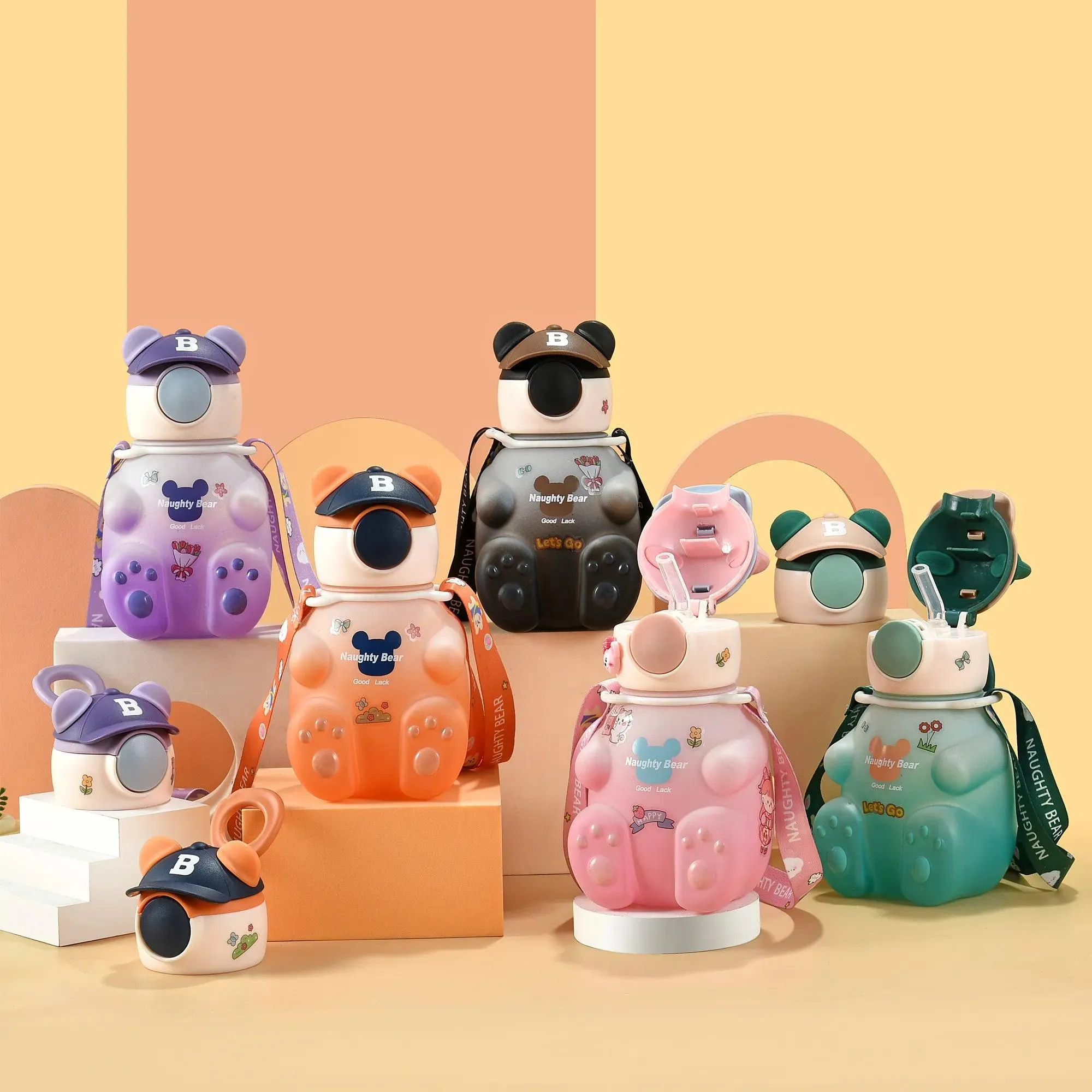 Cute Bear-Shaped Kids' Water Bottle with Straw and Strap - 750ml