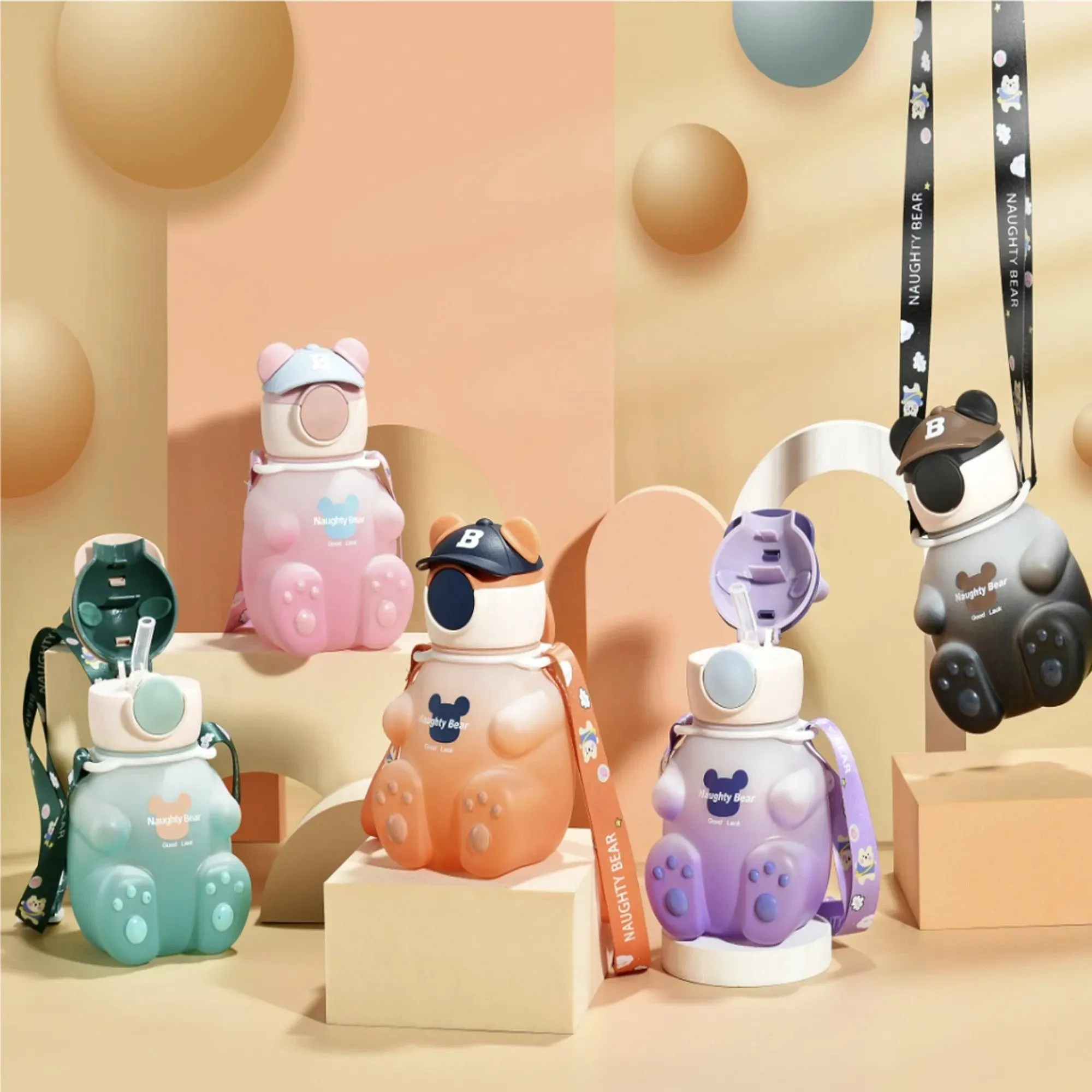 Cute Bear-Shaped Kids' Water Bottle with Straw and Strap - 750ml