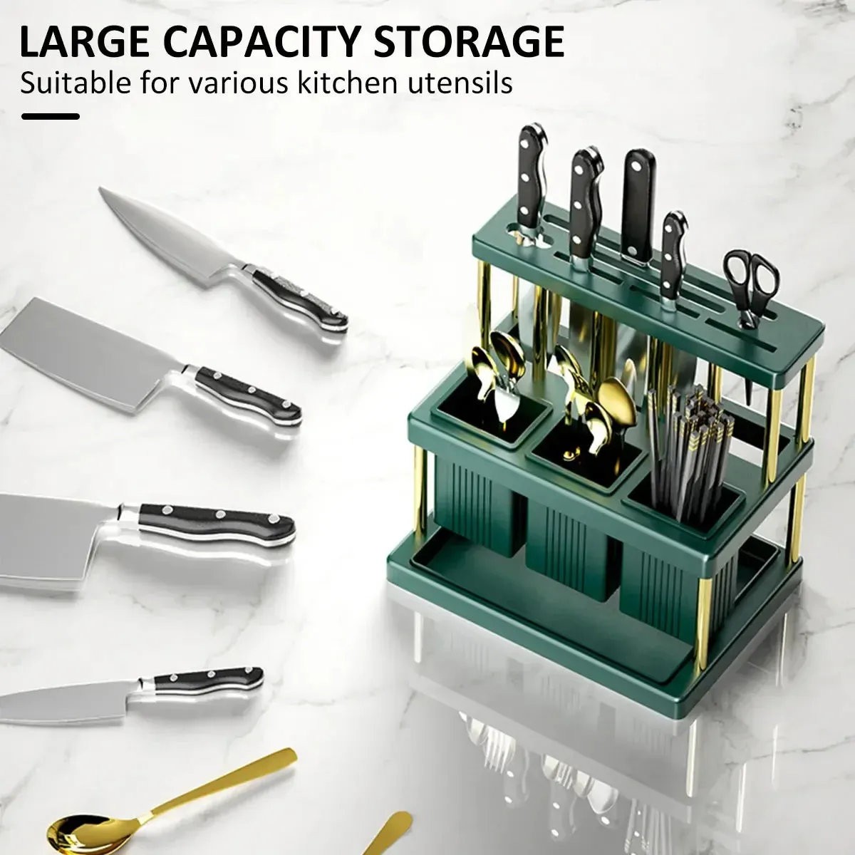 Cutter & Cutlery Drying Rack Space Saving Utensil Holder with Removable Water Catch Tray Kitchen Cutter Organizer and Drainer