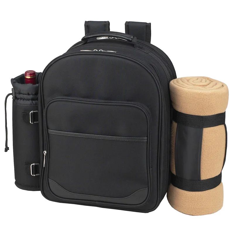 (D) Four Person Picnic Backpack Bag, Full Equipment Set with Blanket (Paris)