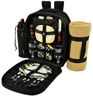 (D) Picnic Backpack Bag for 2, Full Set for Outdoor with Blanket (Black Paris)