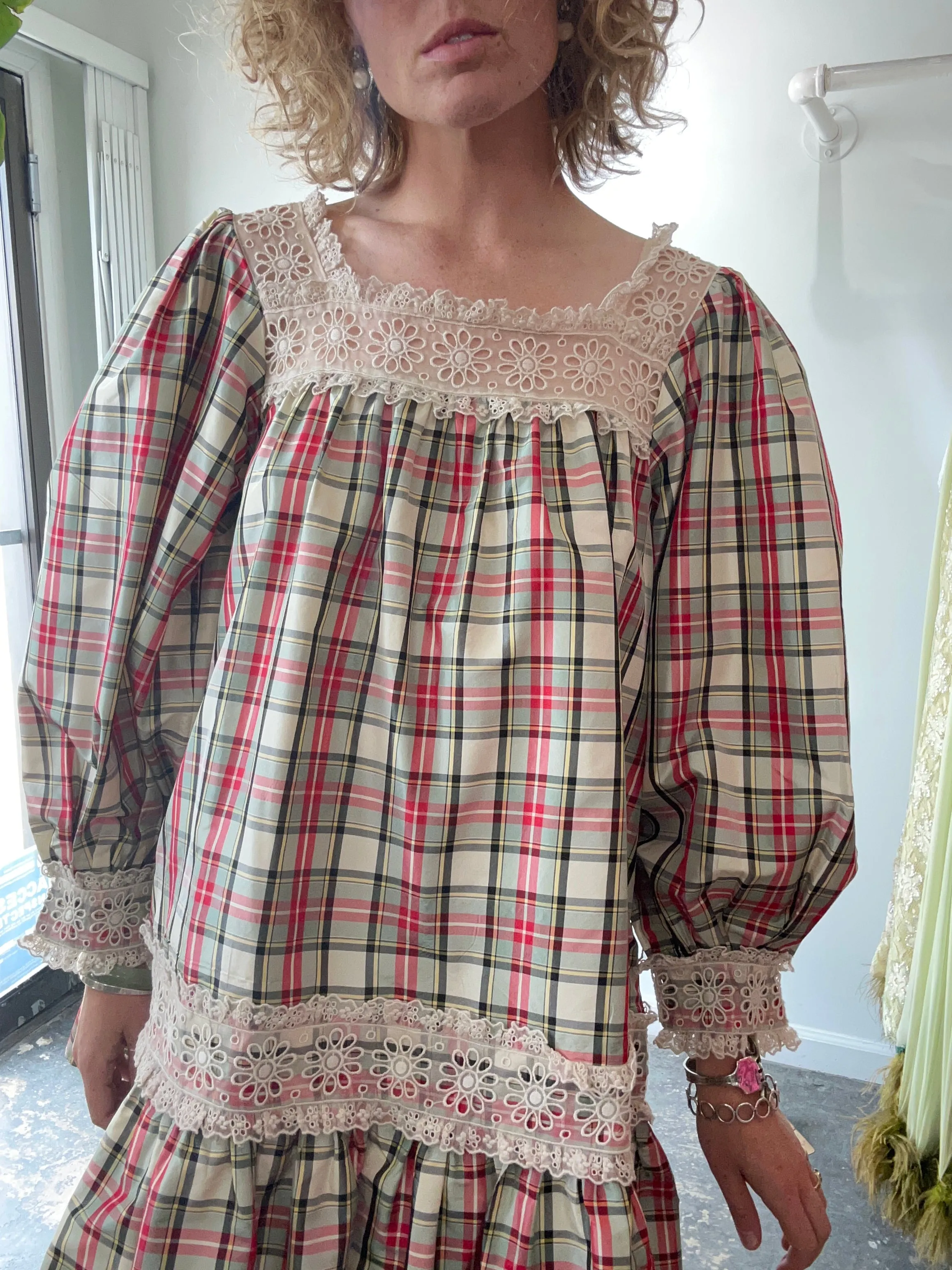 Doen Red & Green Plaid Taffeta Dress