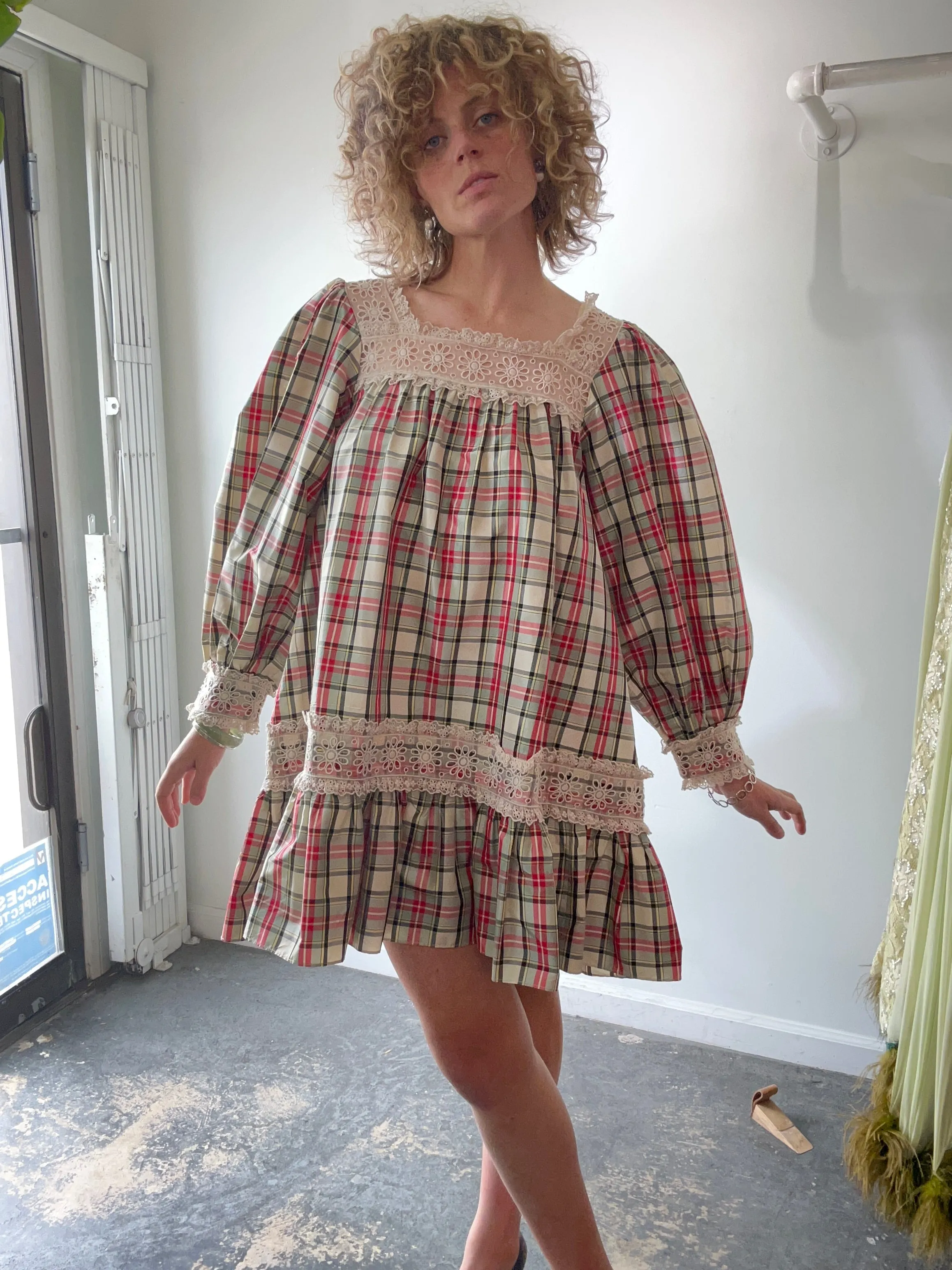 Doen Red & Green Plaid Taffeta Dress