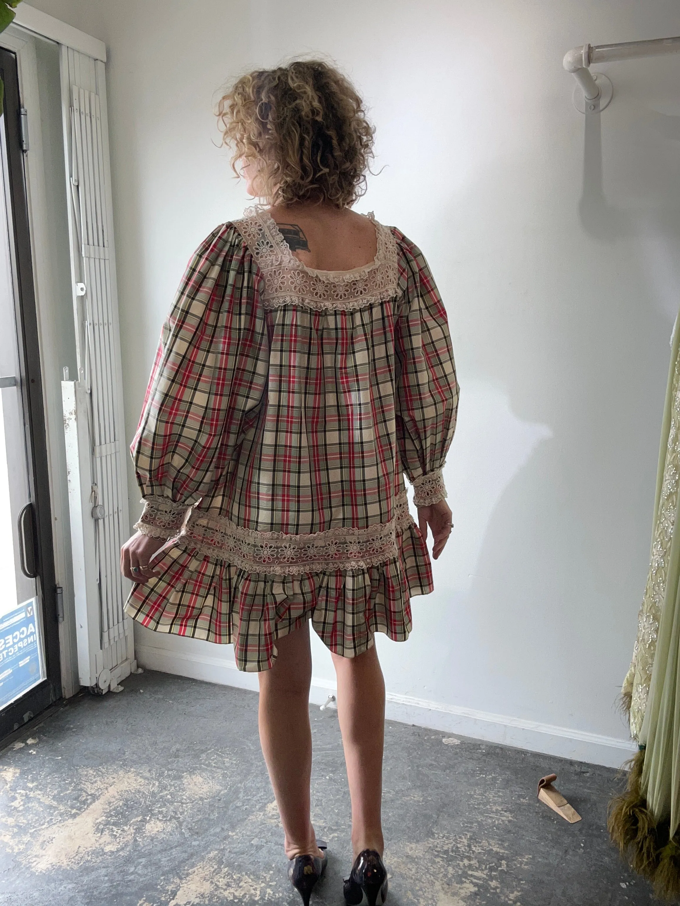 Doen Red & Green Plaid Taffeta Dress