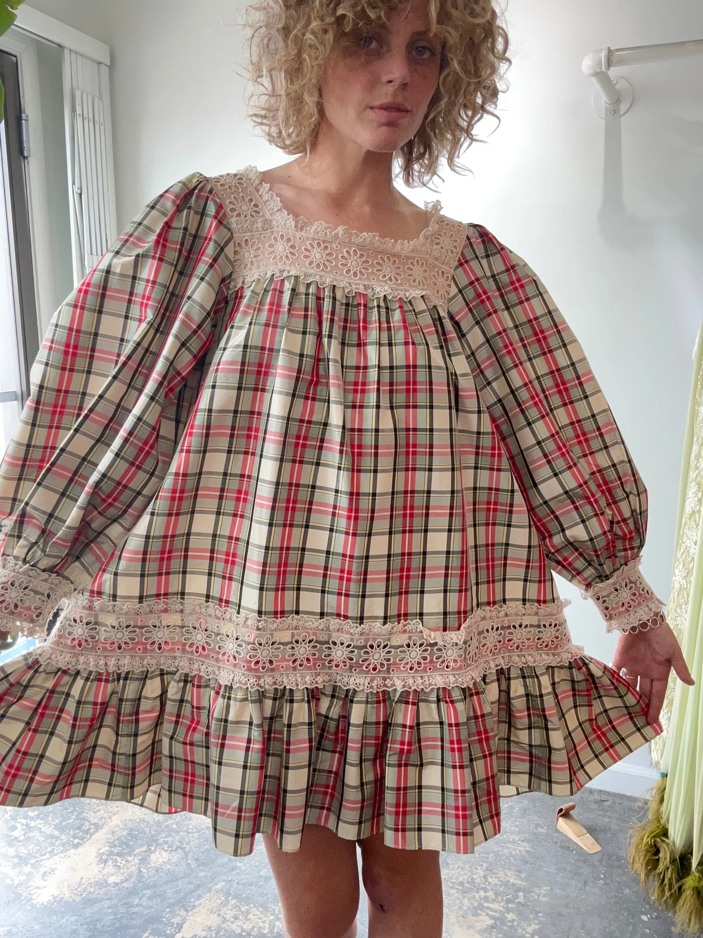 Doen Red & Green Plaid Taffeta Dress