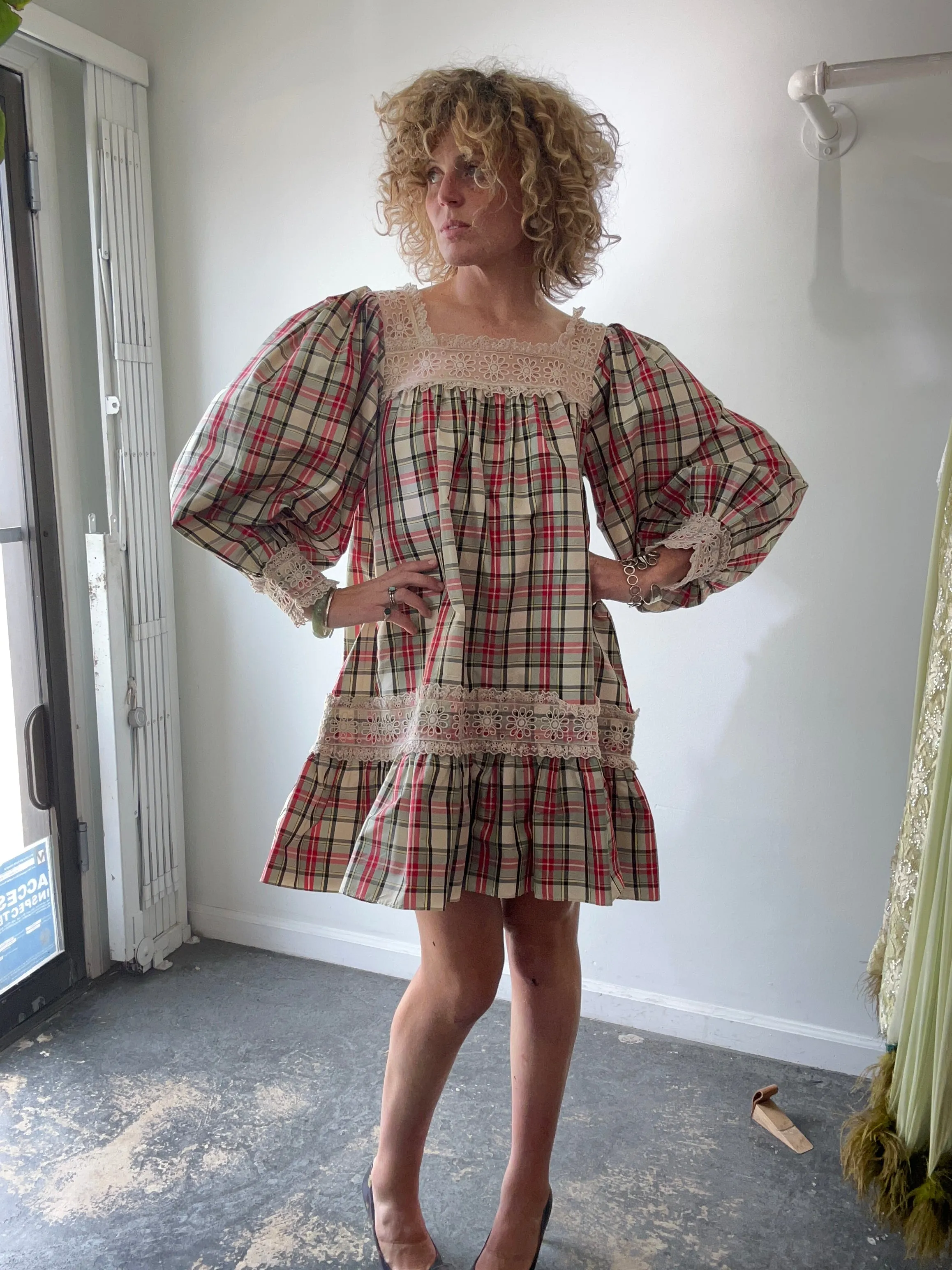 Doen Red & Green Plaid Taffeta Dress