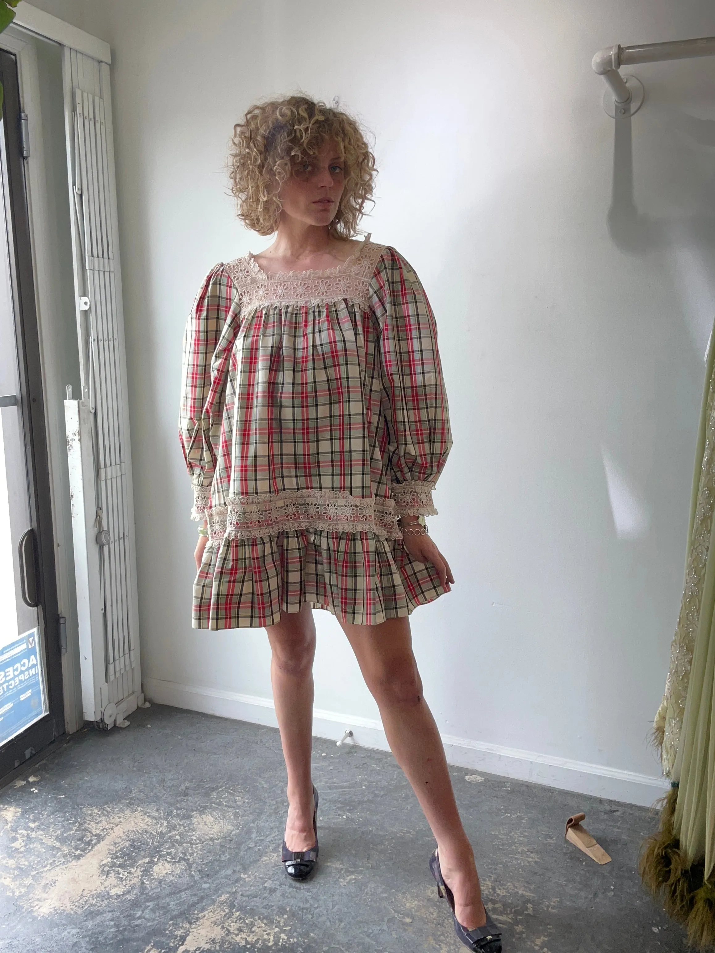 Doen Red & Green Plaid Taffeta Dress
