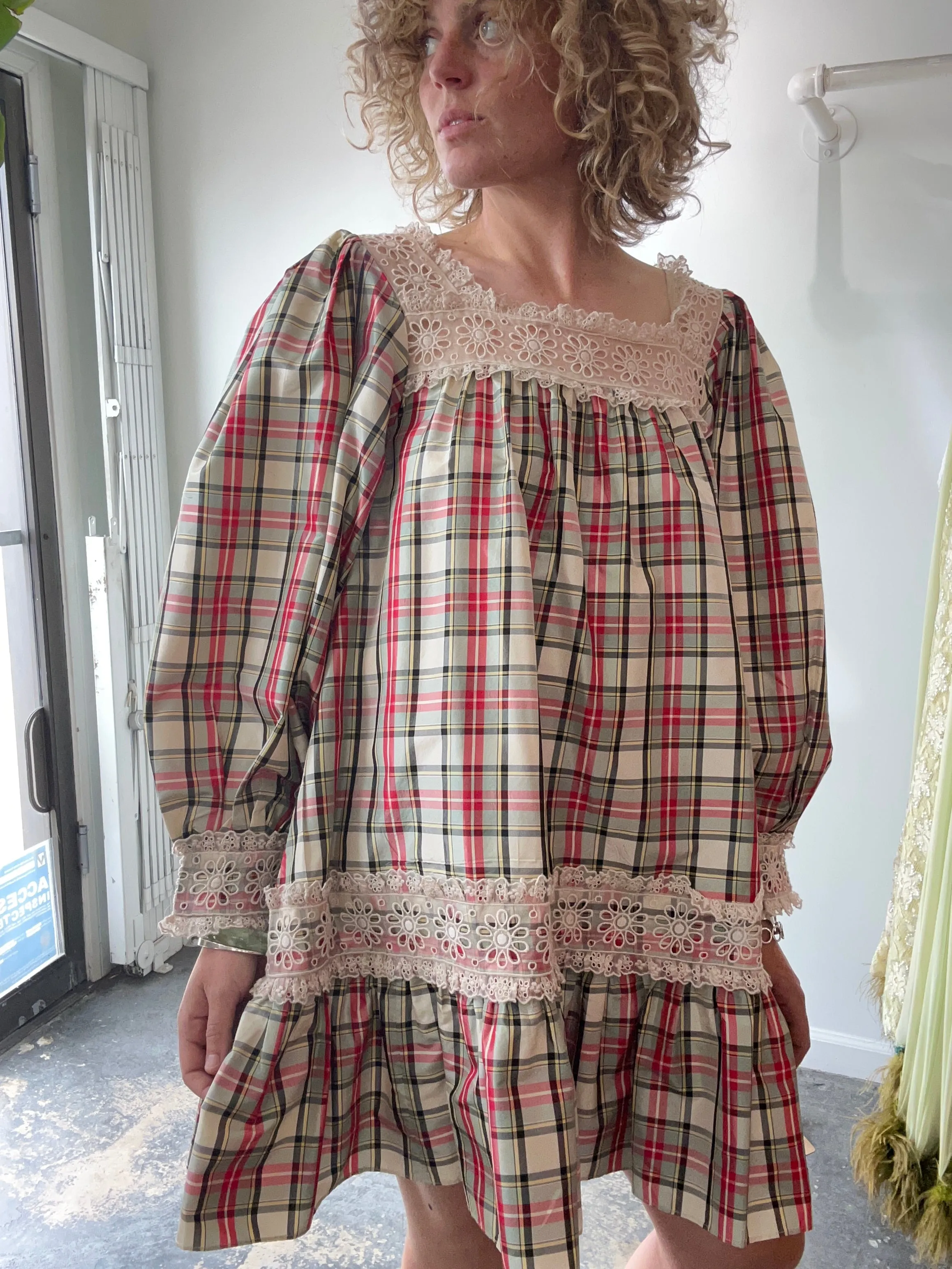 Doen Red & Green Plaid Taffeta Dress