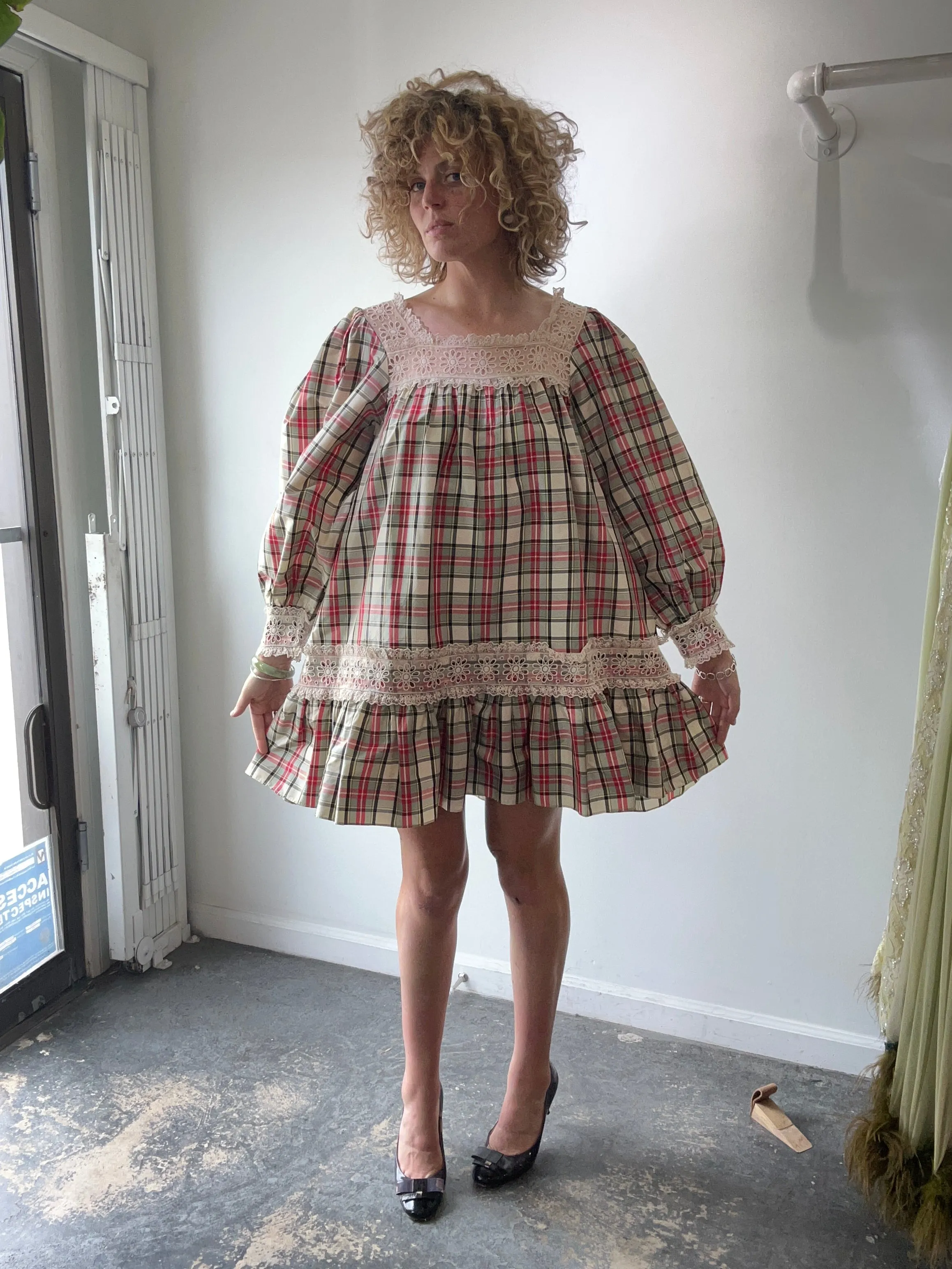 Doen Red & Green Plaid Taffeta Dress
