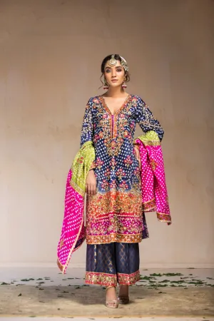 Embroidered Chunri Suit for Mehndi Party in Blue Color #Y2021